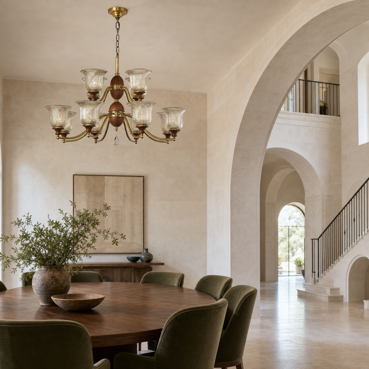Elowen 8 plus 4 two-tier chandelier in a left-weighted gallery dining room