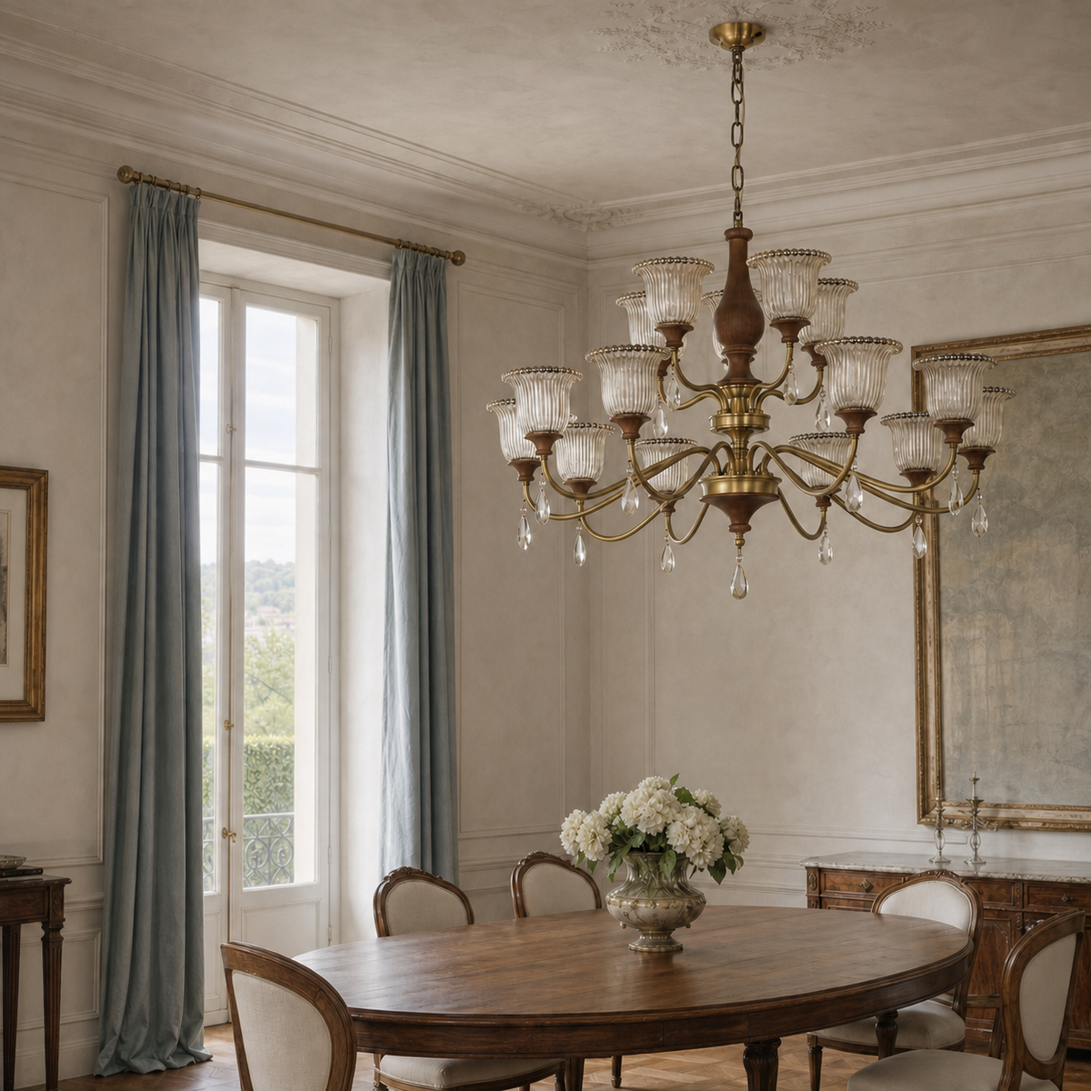 Rosalind 10 plus 5 two-tier chandelier in a right-weighted French dining room