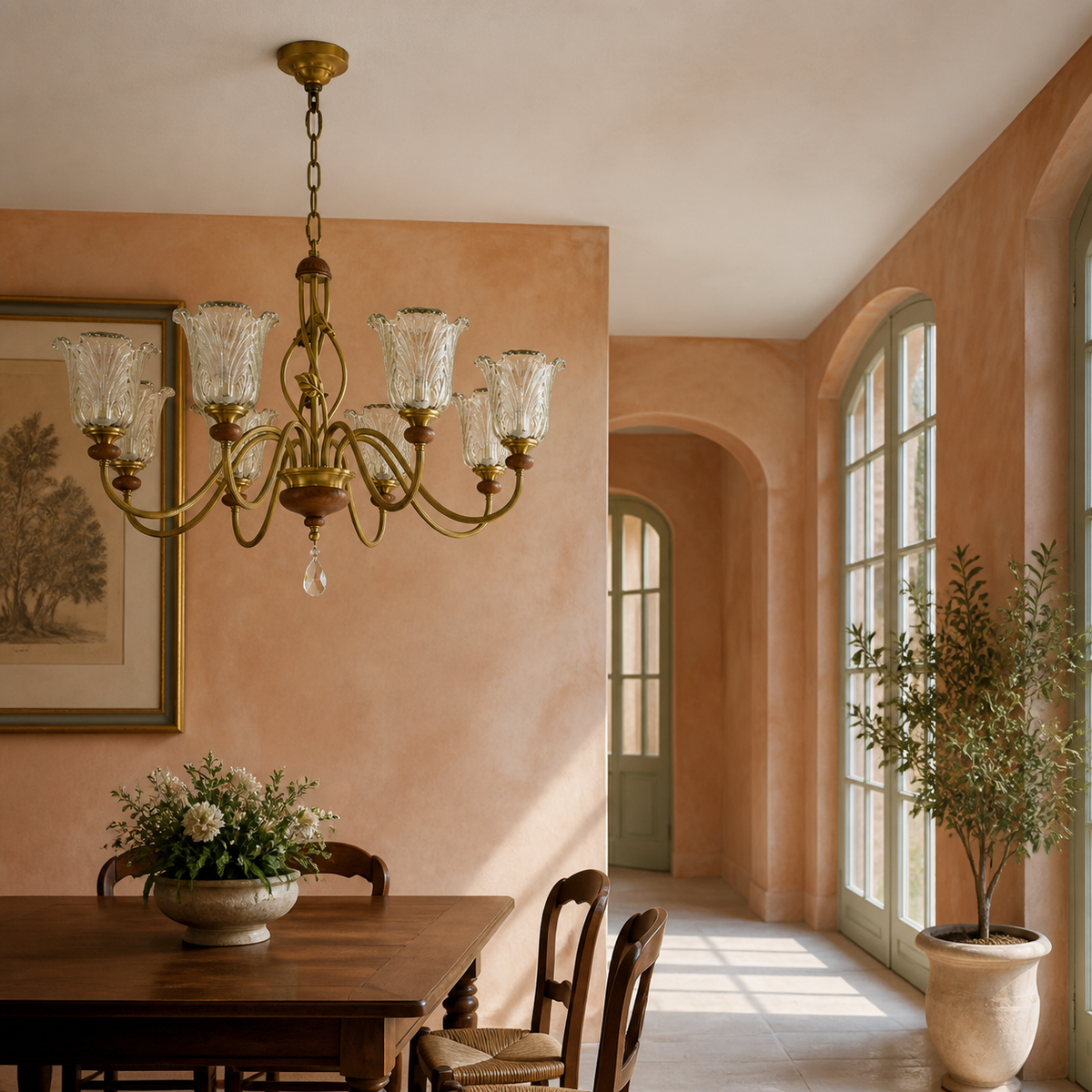 Eight-light sculpted leaf glass chandelier on the left third in a faded apricot sunroom