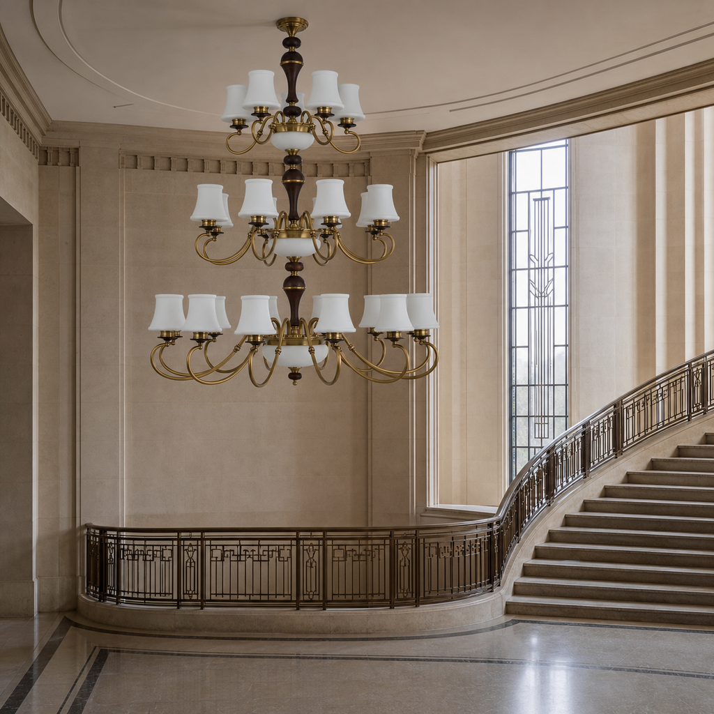 Unlit Glenhaven twenty-five-light three-tier chandelier in an Art Deco stair hall with a short suspension and flush ceiling canopy