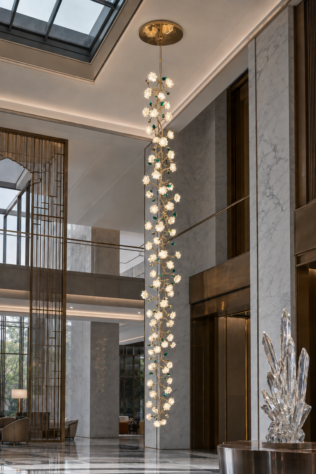 Sylverelle long chandelier – grand hotel lobby with flat round canopy
