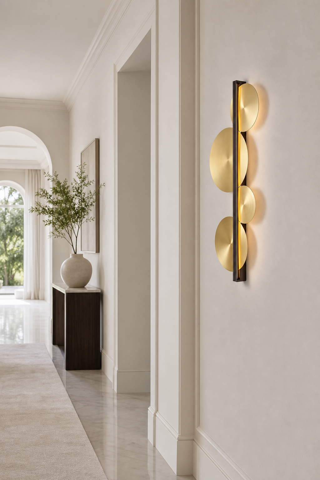 Brass Disc LED Wall Sconce installed in a hallway, view 2