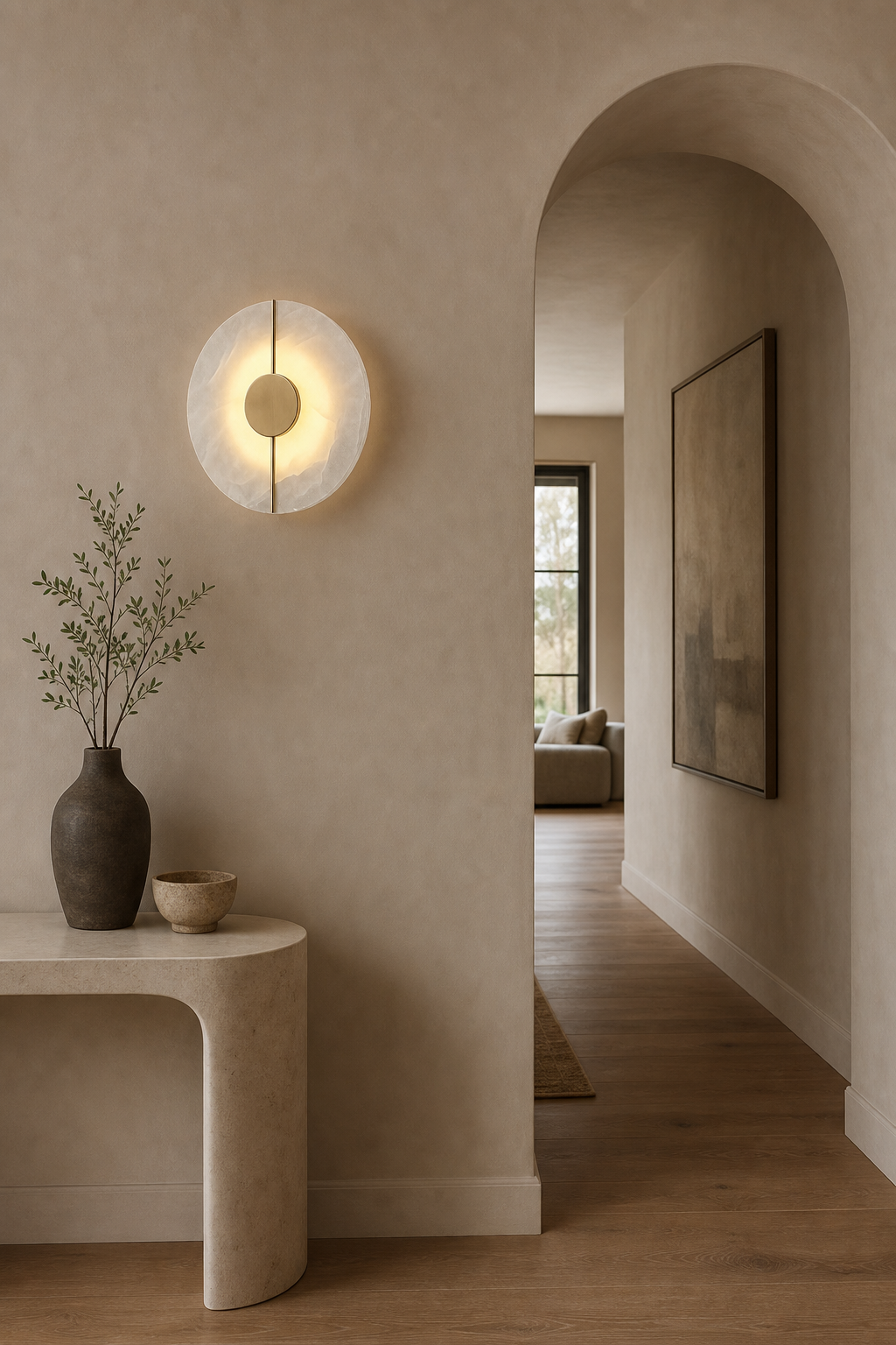 Modern Snowflake Alabaster Round Wall Sconce in Natural Brass - product image 03