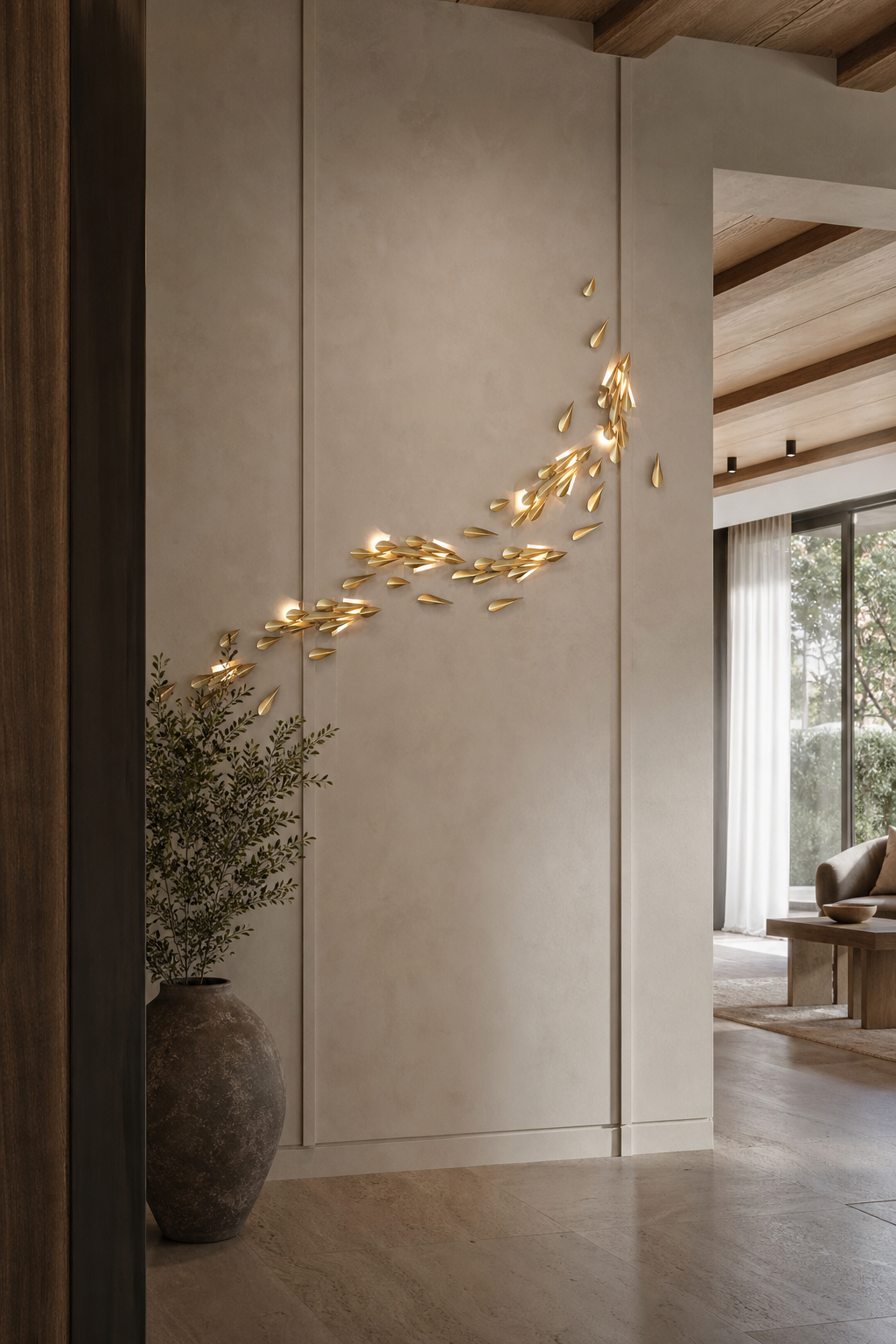 Brass Leaf LED Wall Art Sconce installed in a hallway, view 2