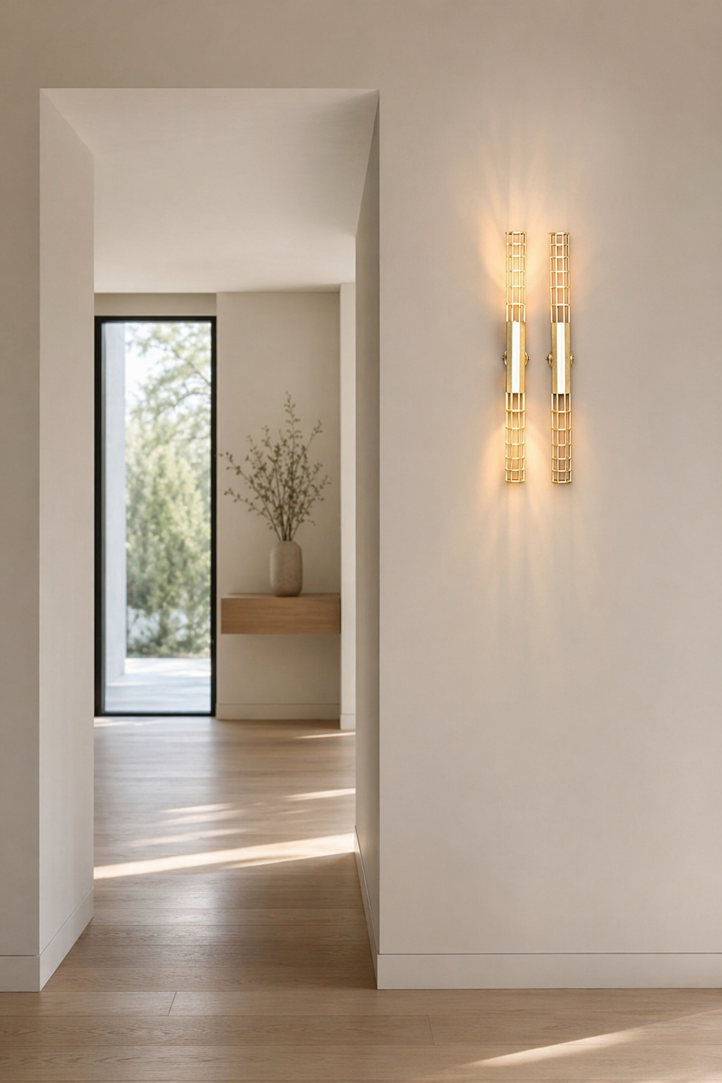 Modern Natural Brass Linear LED Wall Sconce - generated main 02 02-hallway-wall-wide