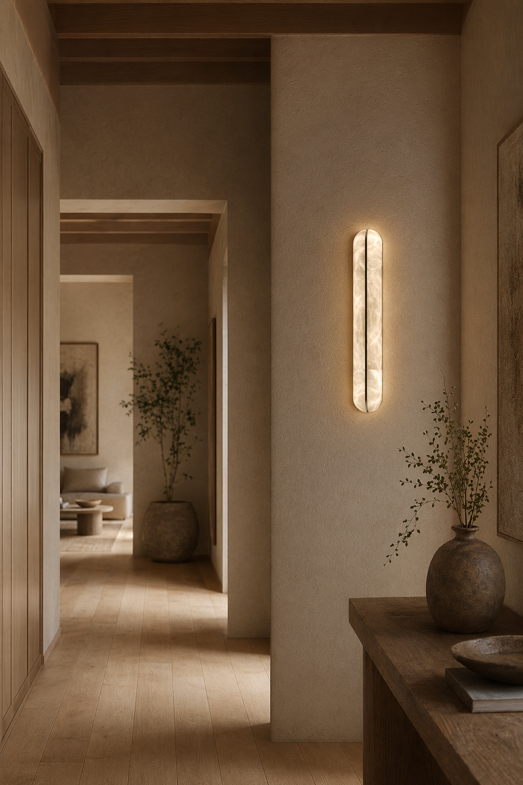 Slim alabaster capsule wall sconce illuminated in a warm hallway