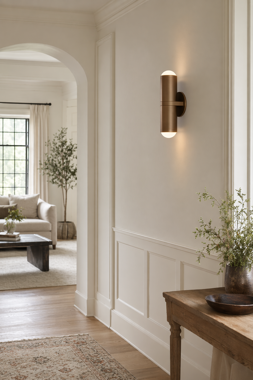 Modern Crystal Glass Cylinder Wall Sconce in Vintage Bronze - generated main 02 02-hallway-wall-wide