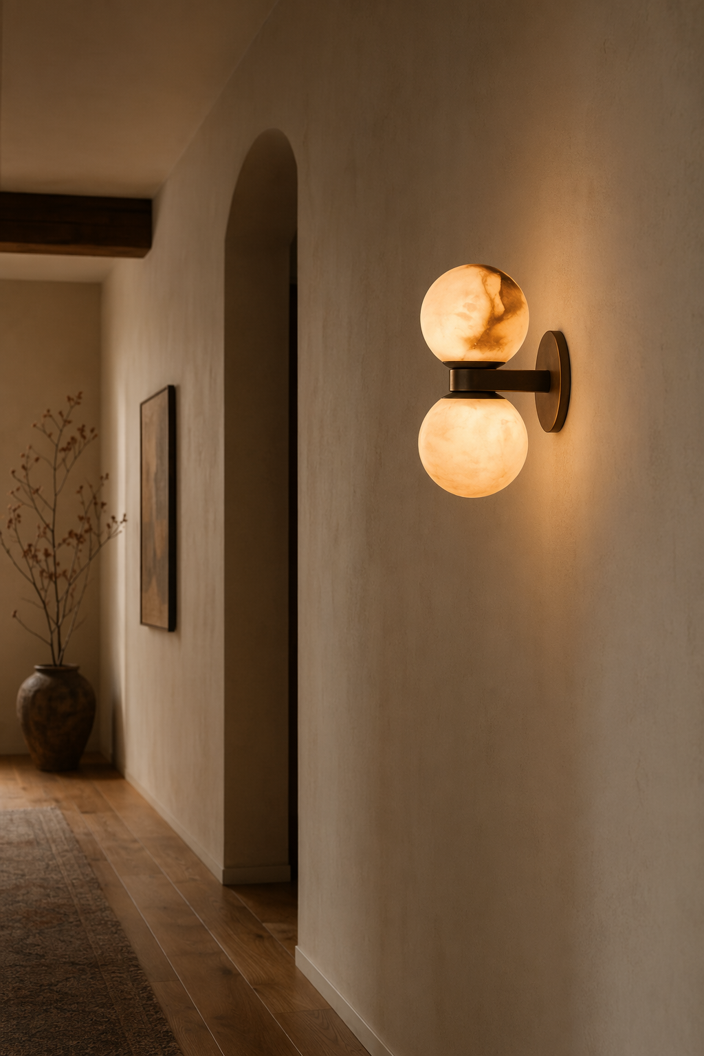 Modern Alabaster Double Globe Wall Sconce in Antique Brass - product image 08