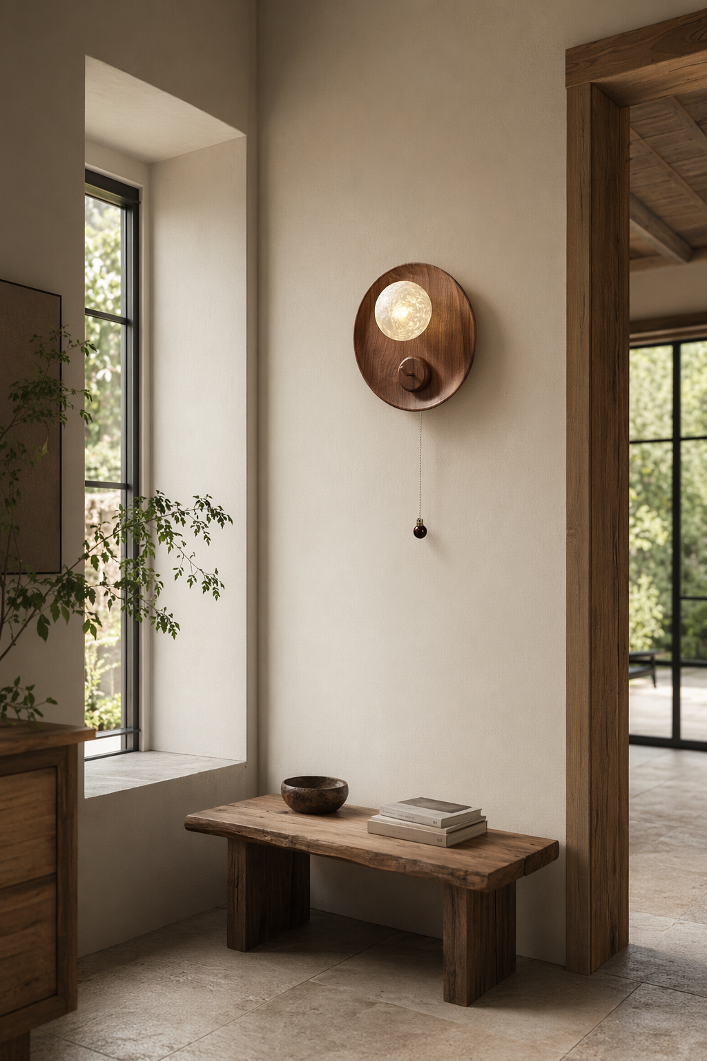 Modern Wood Disc Wall Sconce - generated workflow 02 02-hallway-wide-daylight