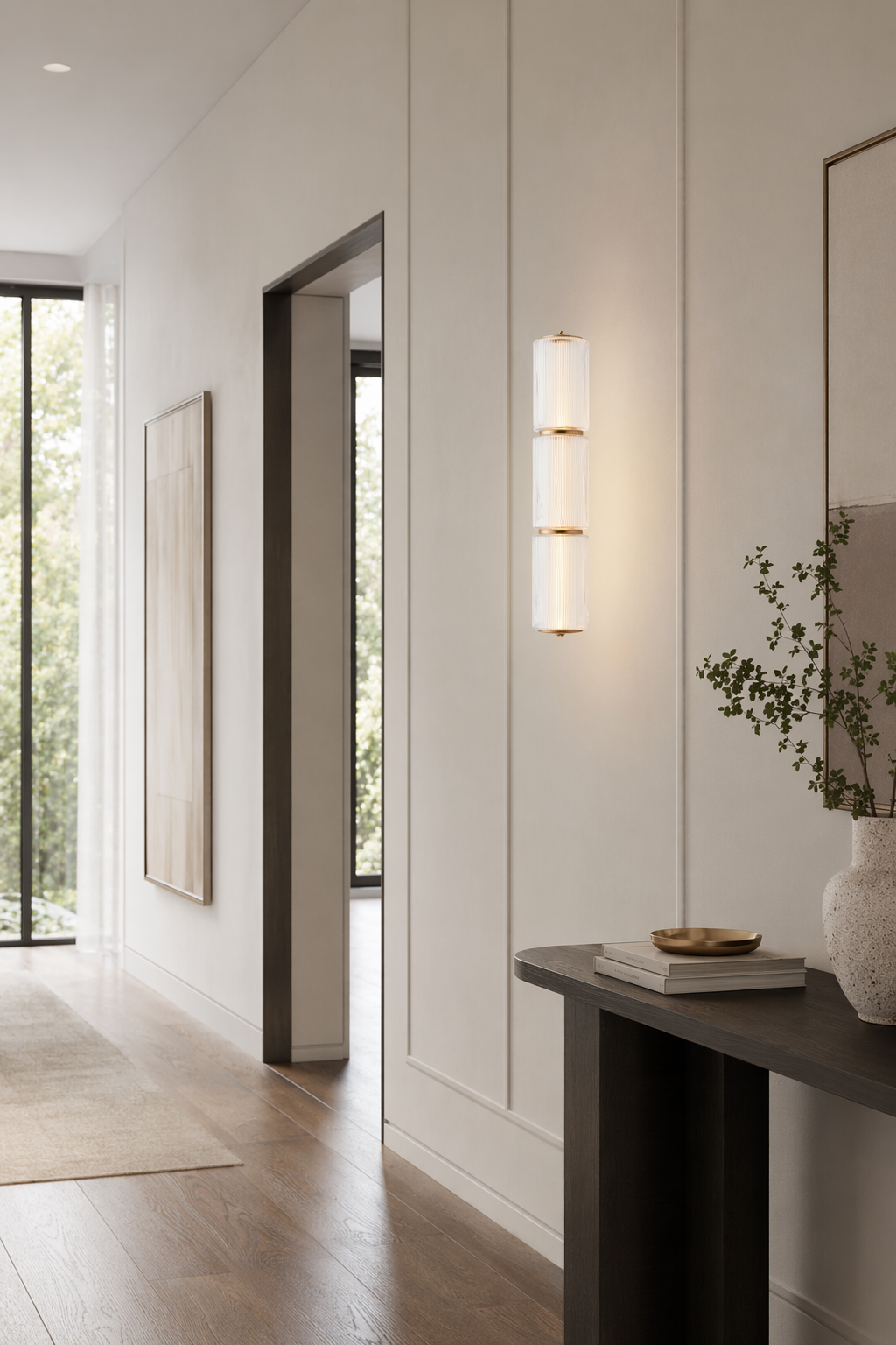Modern Vertical Multi-Head Wall Sconce - generated workflow 02 02-hallway-wide-daylight