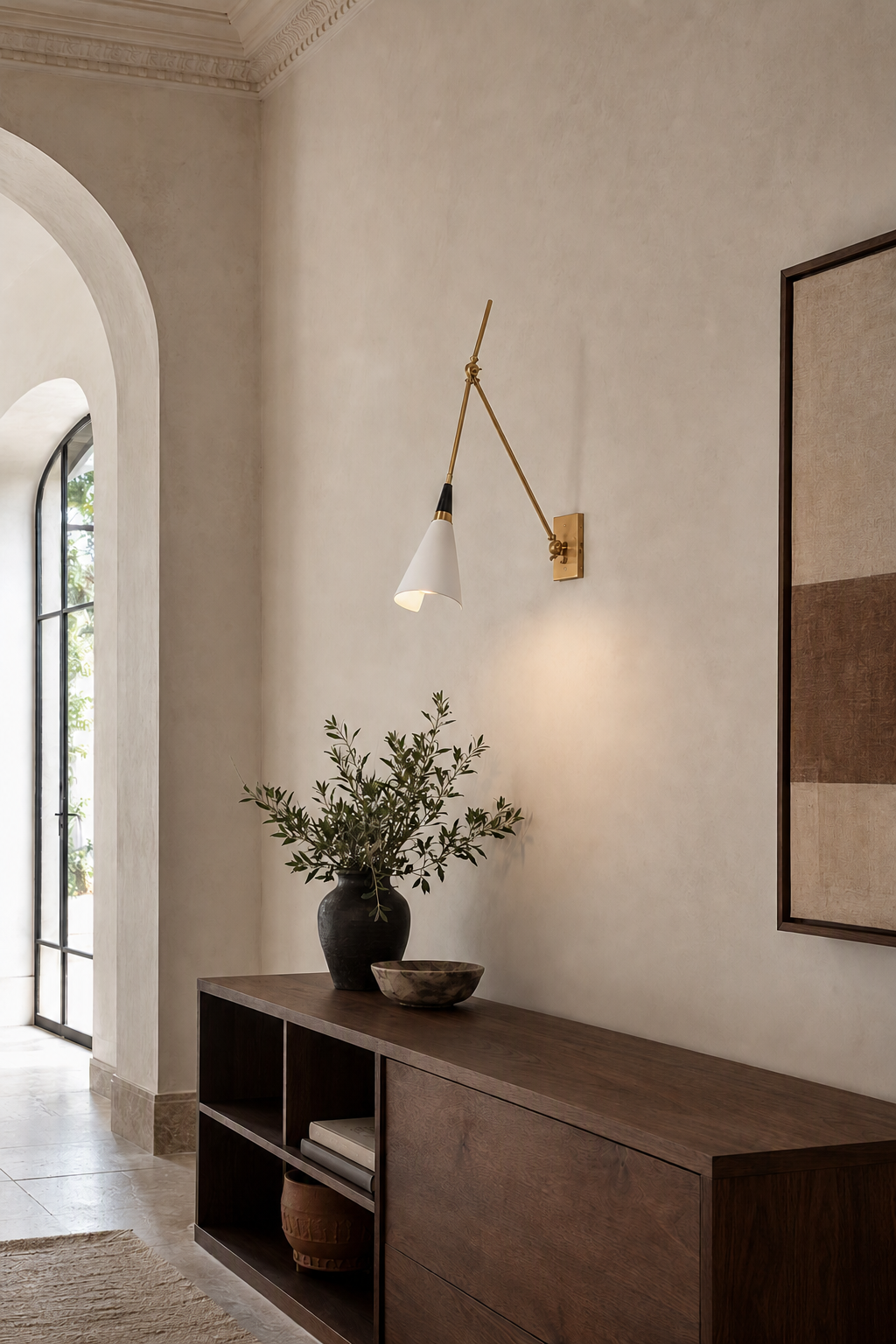 Adjustable Brass Wall Sconce — Long Arm sconce in a wide daylight hallway