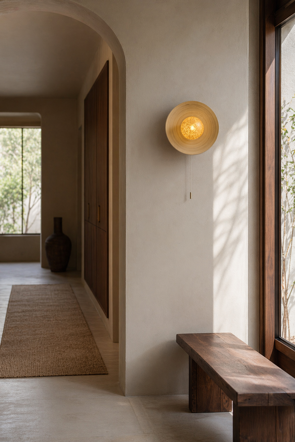 Modern Ice Texture Disc Wall Sconce - generated workflow 02 02-hallway-wide-daylight