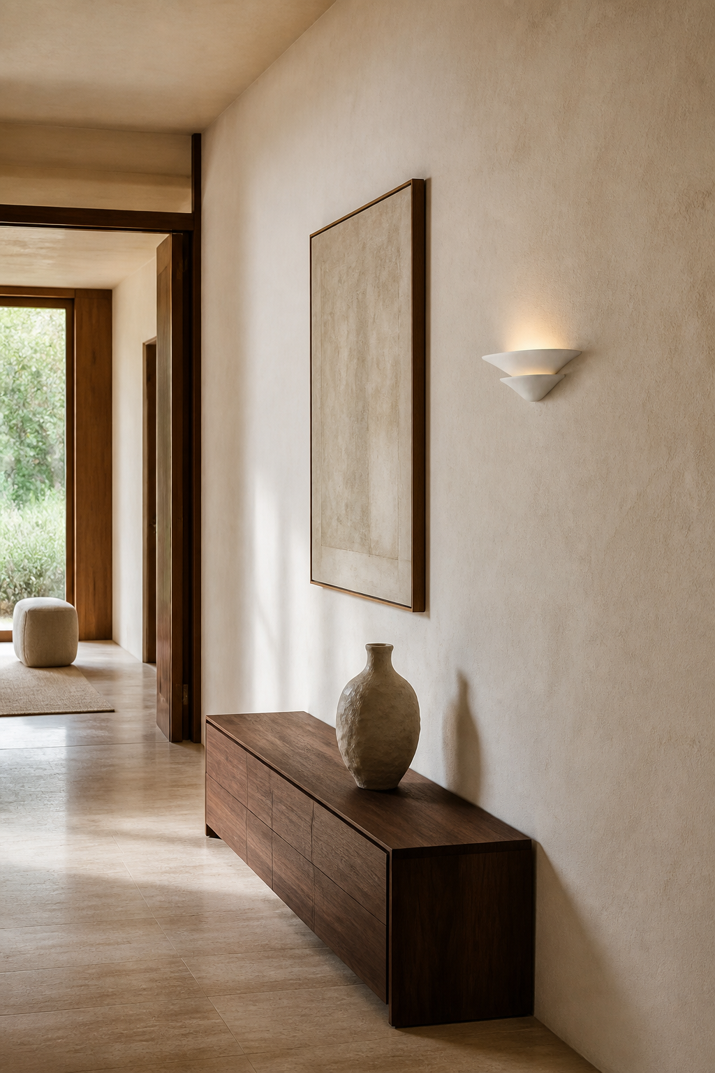 Sculptural Double-Tier Plaster Wall Sconce — wall sconce in a daylight hallway