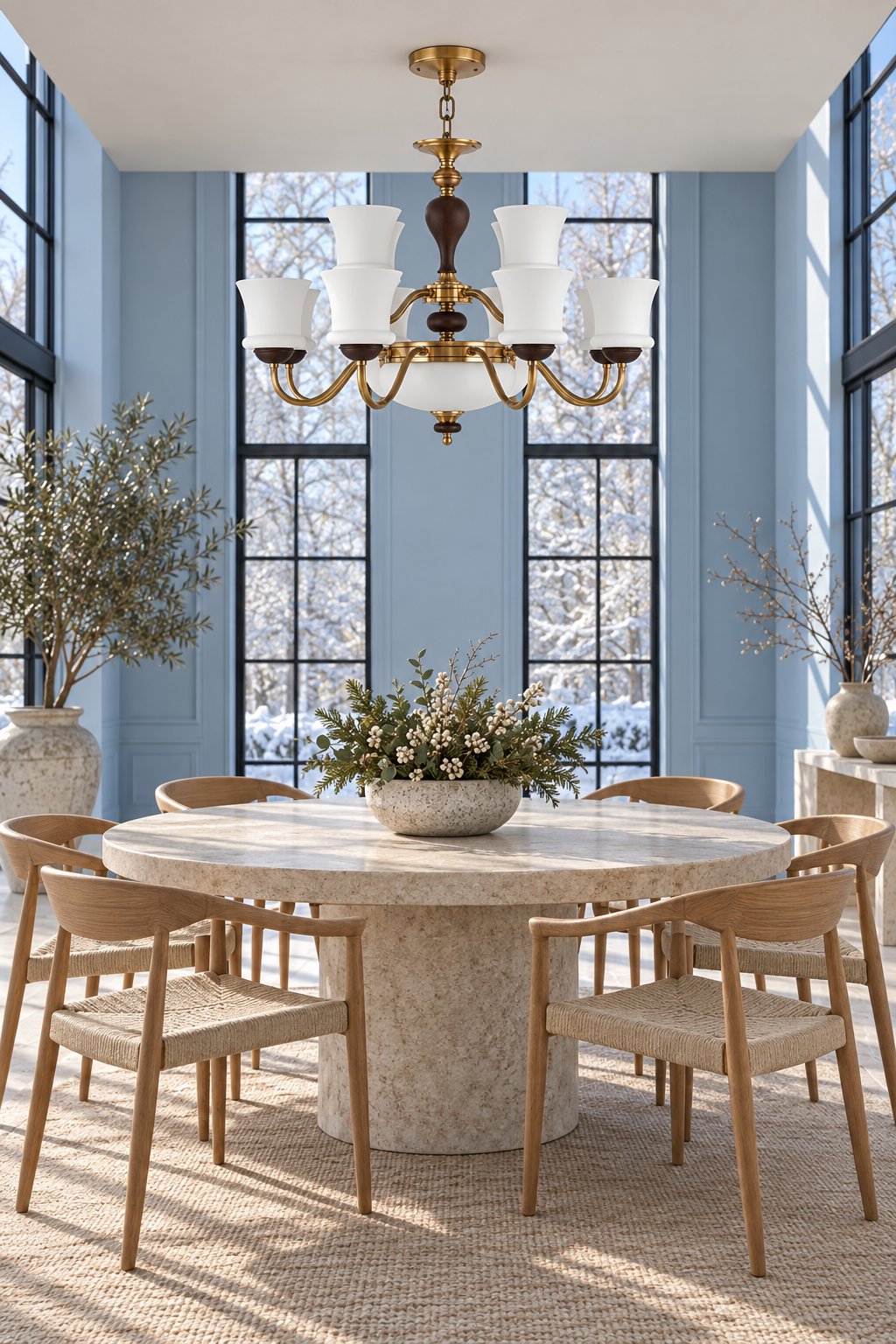 Halveraine twelve-light two-tier chandelier centered above a round table in a powder-blue winter garden, fixture off