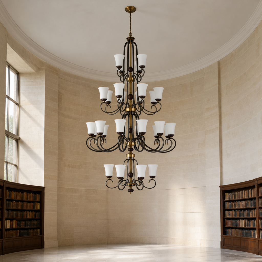 Unlit Haverford thirty-light four-tier chandelier centered in a library rotunda with a short suspension and flush ceiling canopy