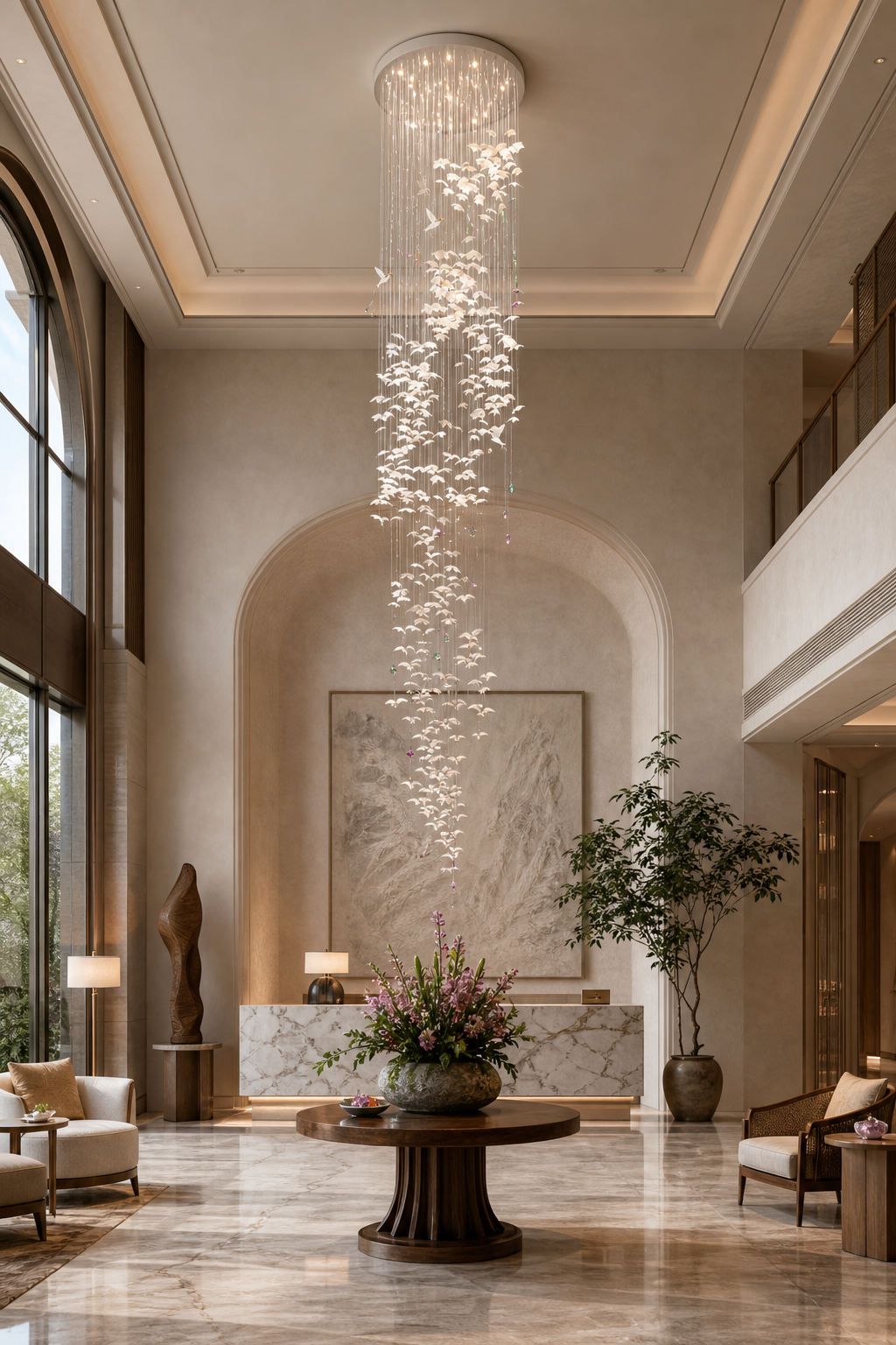 Floating Orchid Ceramic Grand Cascade Chandelier hotel lobby wide