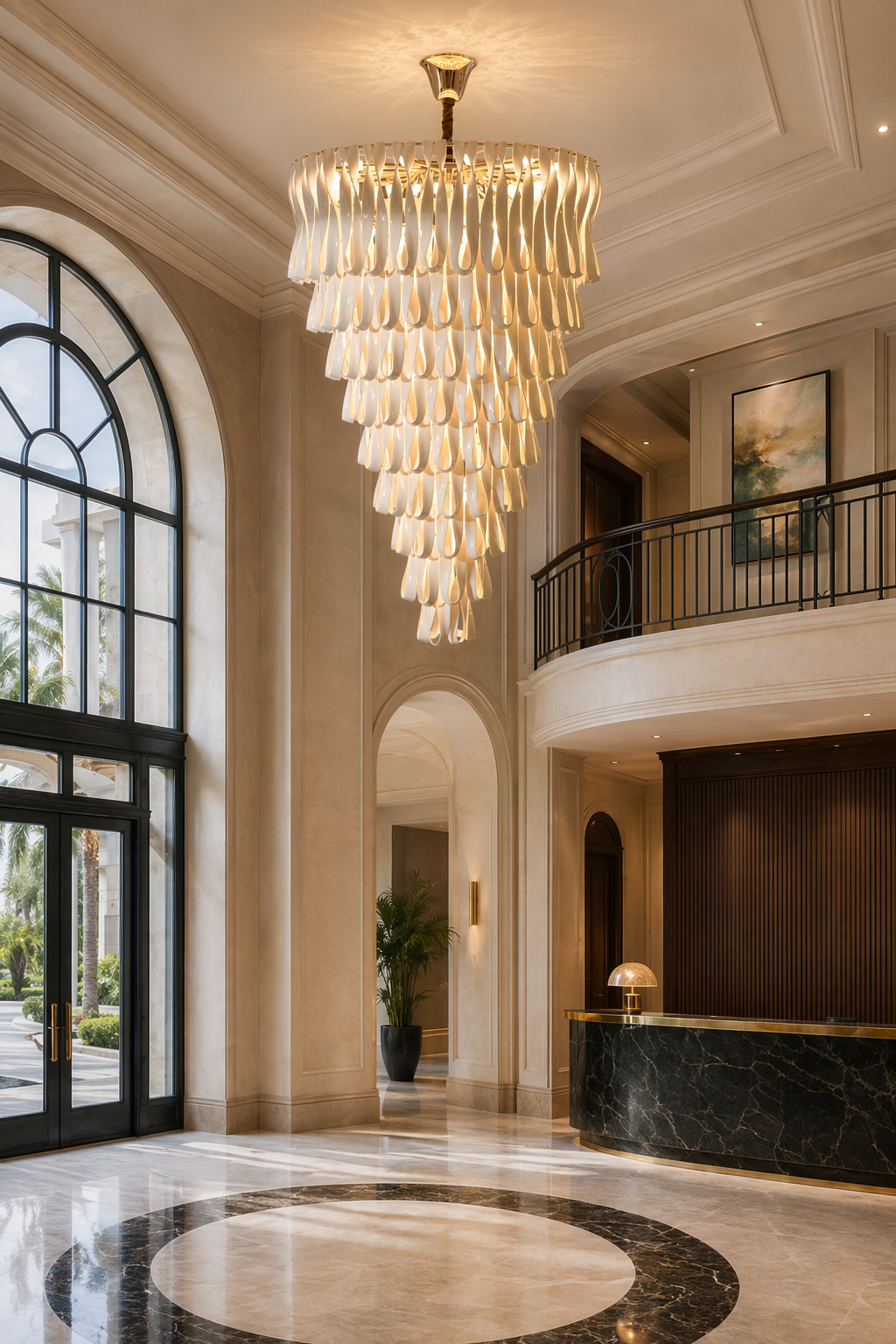 Ivory Ceramic Ribbon Grand Chandelier - Atlas generated scene 02 - 02-hotel-lobby