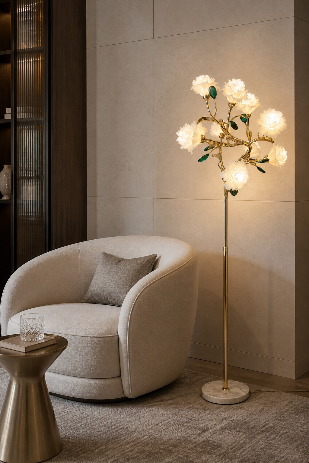 Sylverelle floor lamp – hotel lounge scene at 1600 mm scale