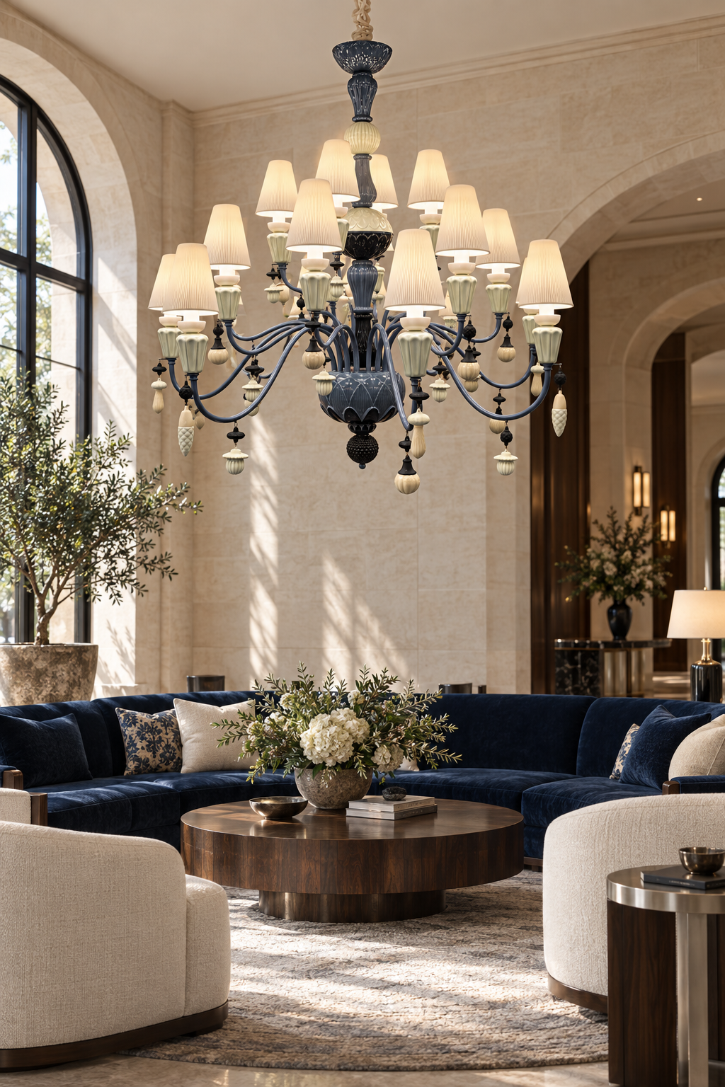 Mirevelle blue-gray botanical ceramic chandelier – hotel lounge – media 2