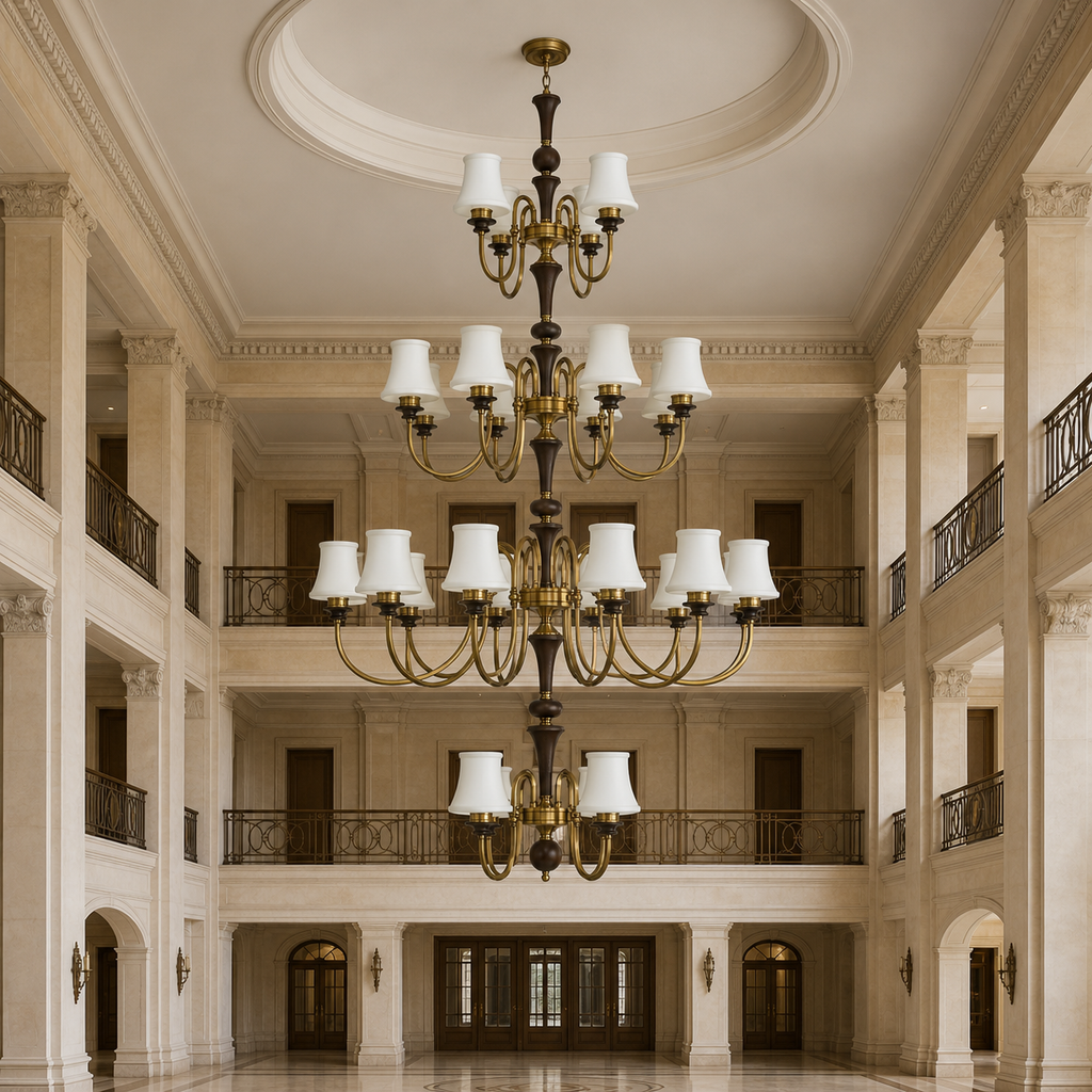 Unlit Kingswell four-tier chandelier centered in a classical foyer with a short suspension and flush ceiling canopy
