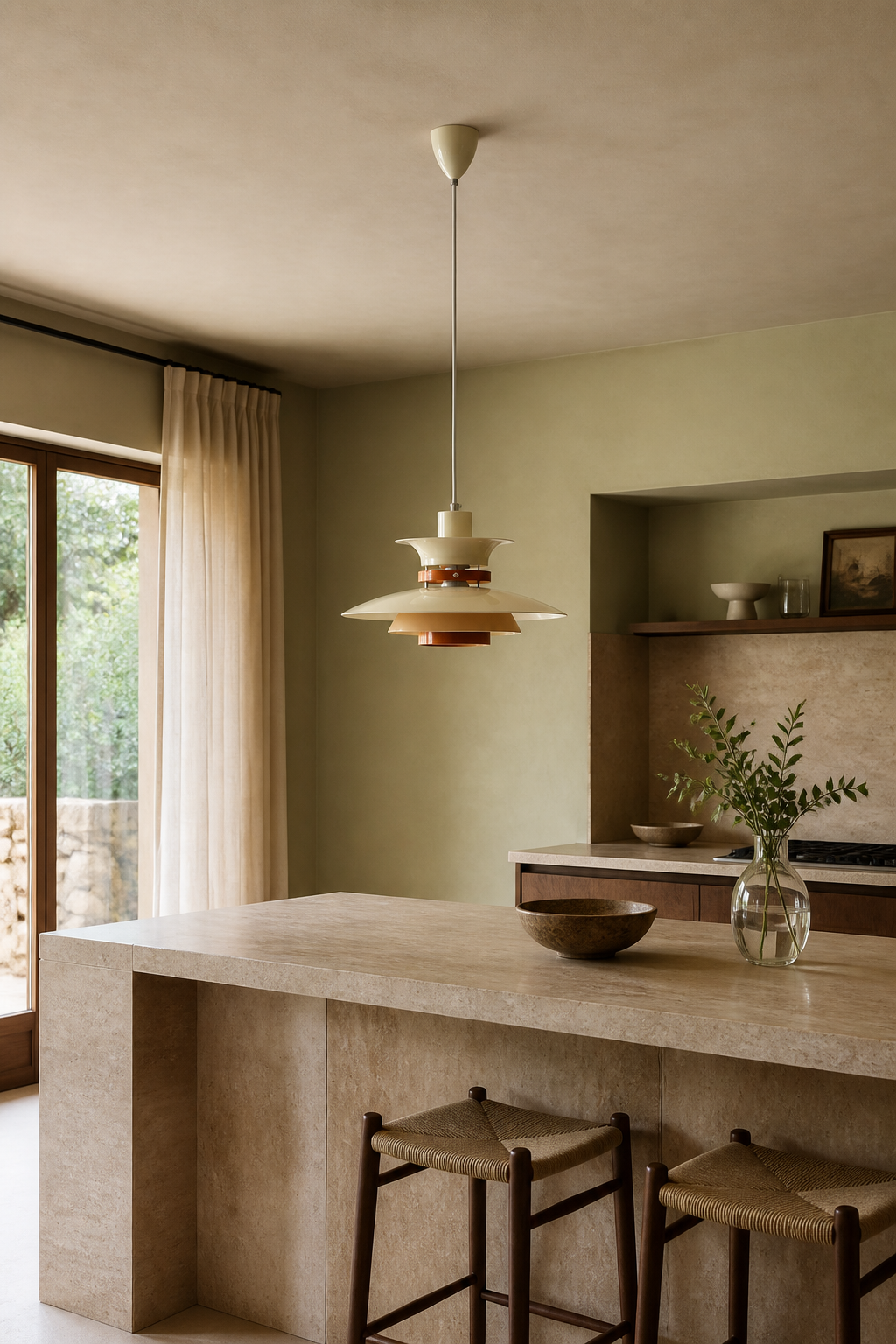 Layered Aluminum and Walnut Pendant Light — pendant over a kitchen island in daylight