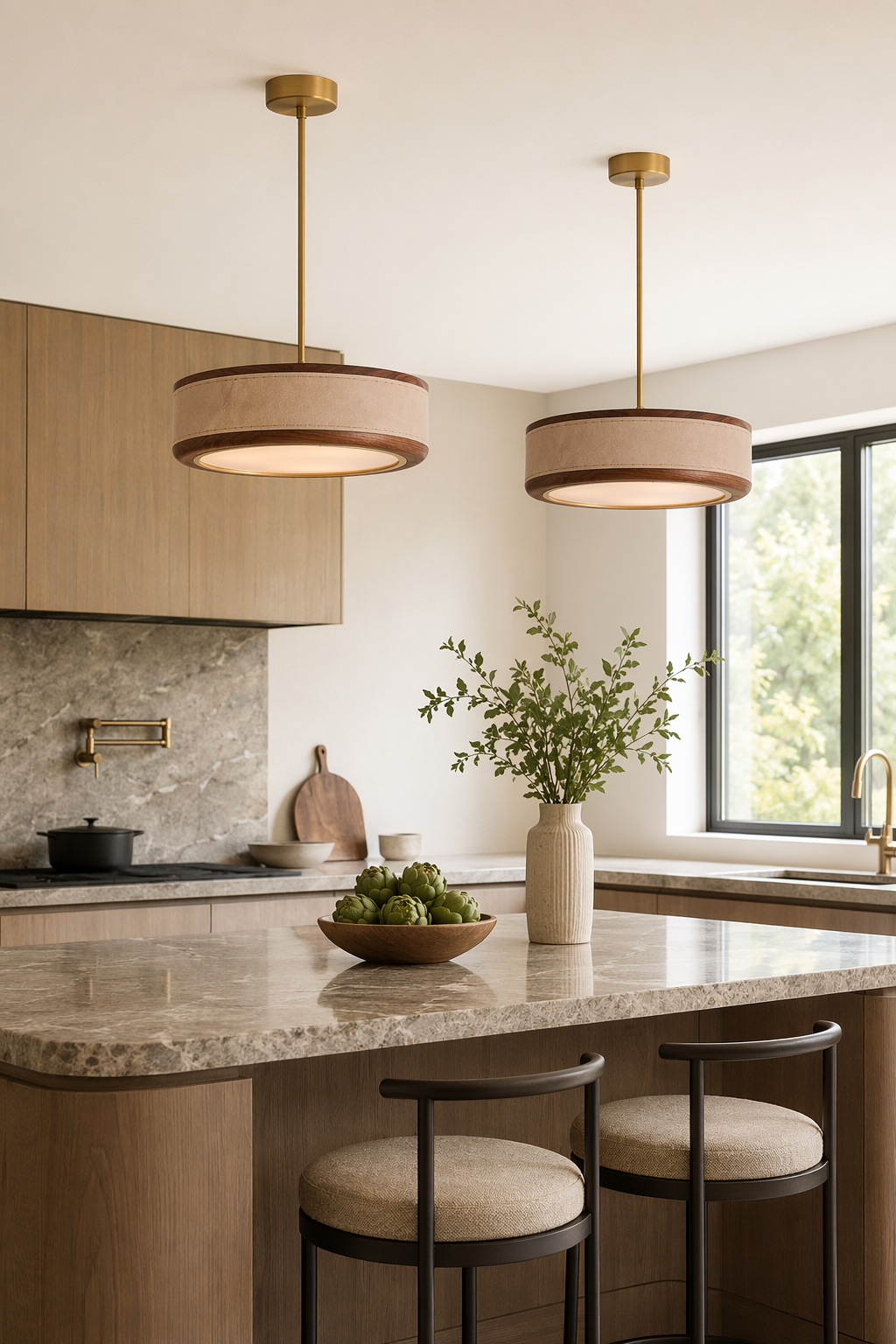 Modern Handmade Leather & Wood Ring Ceiling Light