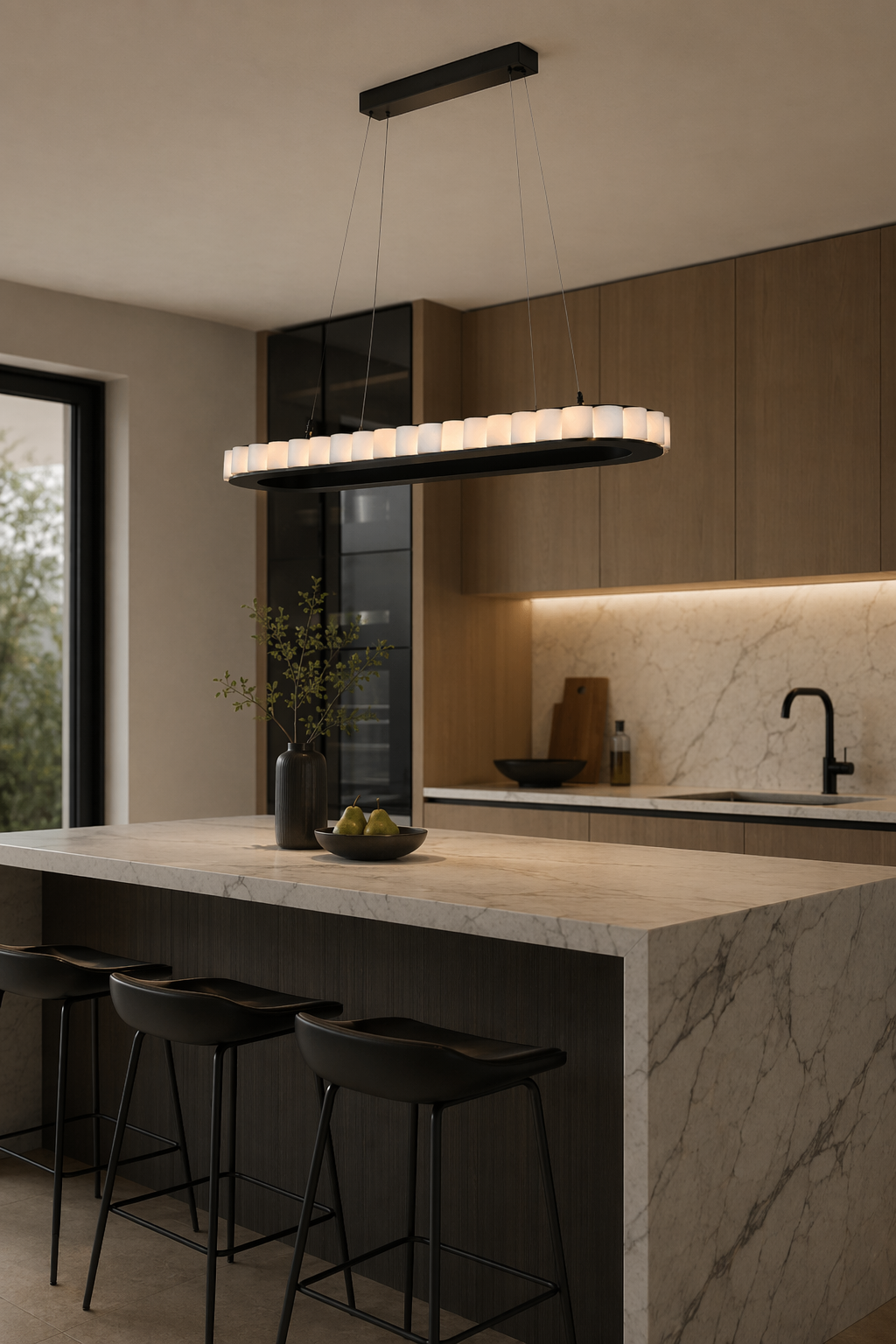 Modern Alabaster Linear Island Chandelier in Matte Black - 02 02-kitchen-island-wide