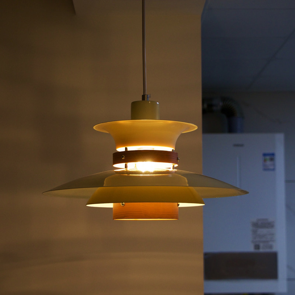 Layered Aluminum and Walnut Pendant Light — illuminated underside and reflector detail
