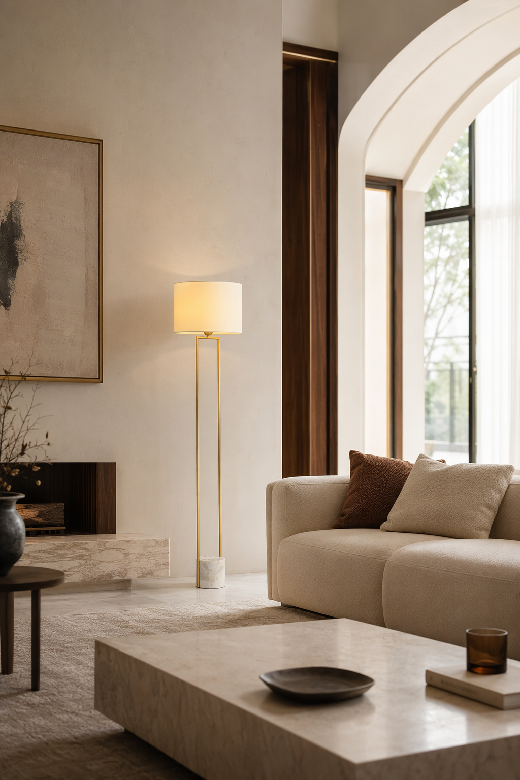 Double-Rod Marble Base Floor Lamp in natural brass styled in a designer interior, view 2