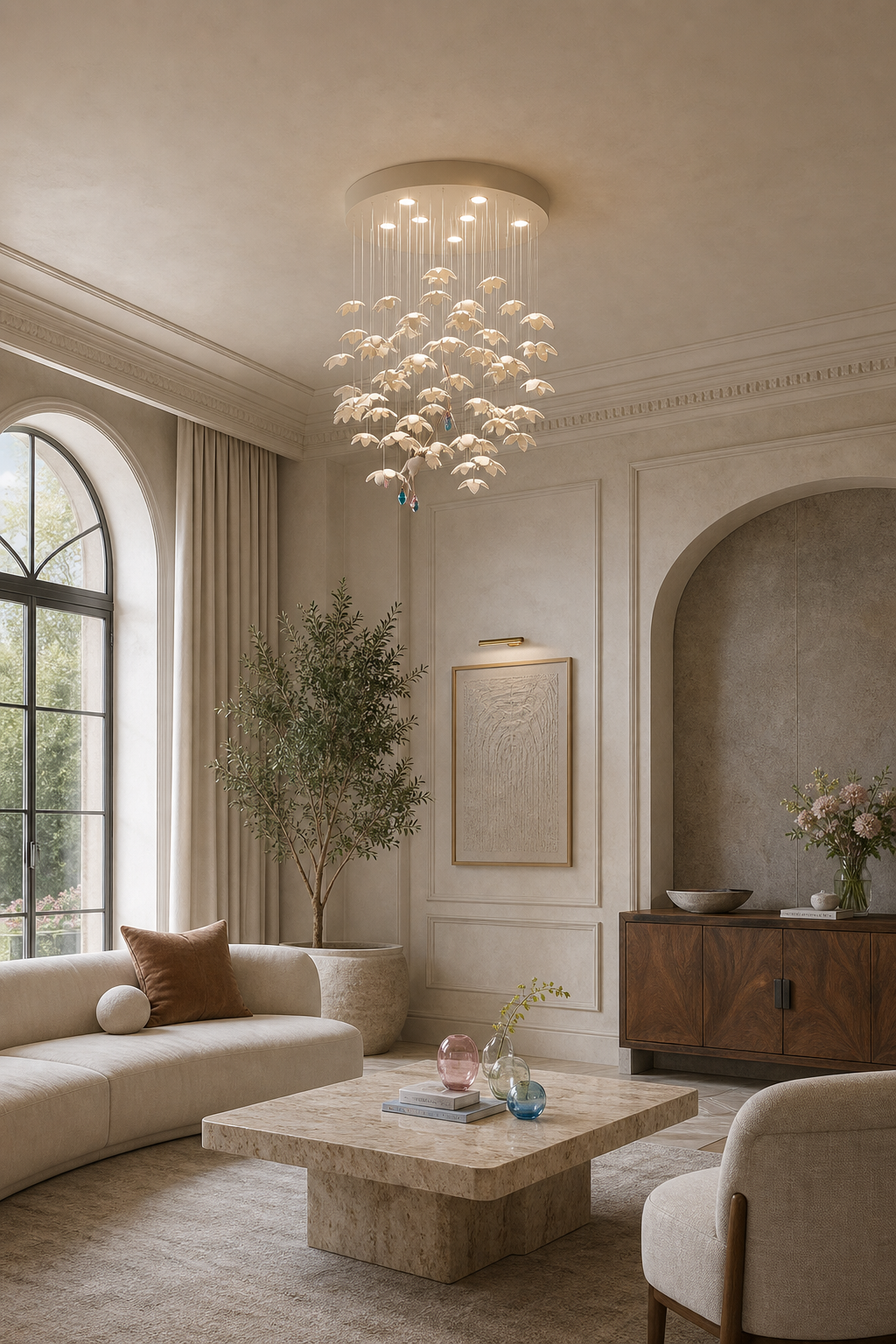 Floating Orchid Ceramic Short Chandelier living room wide