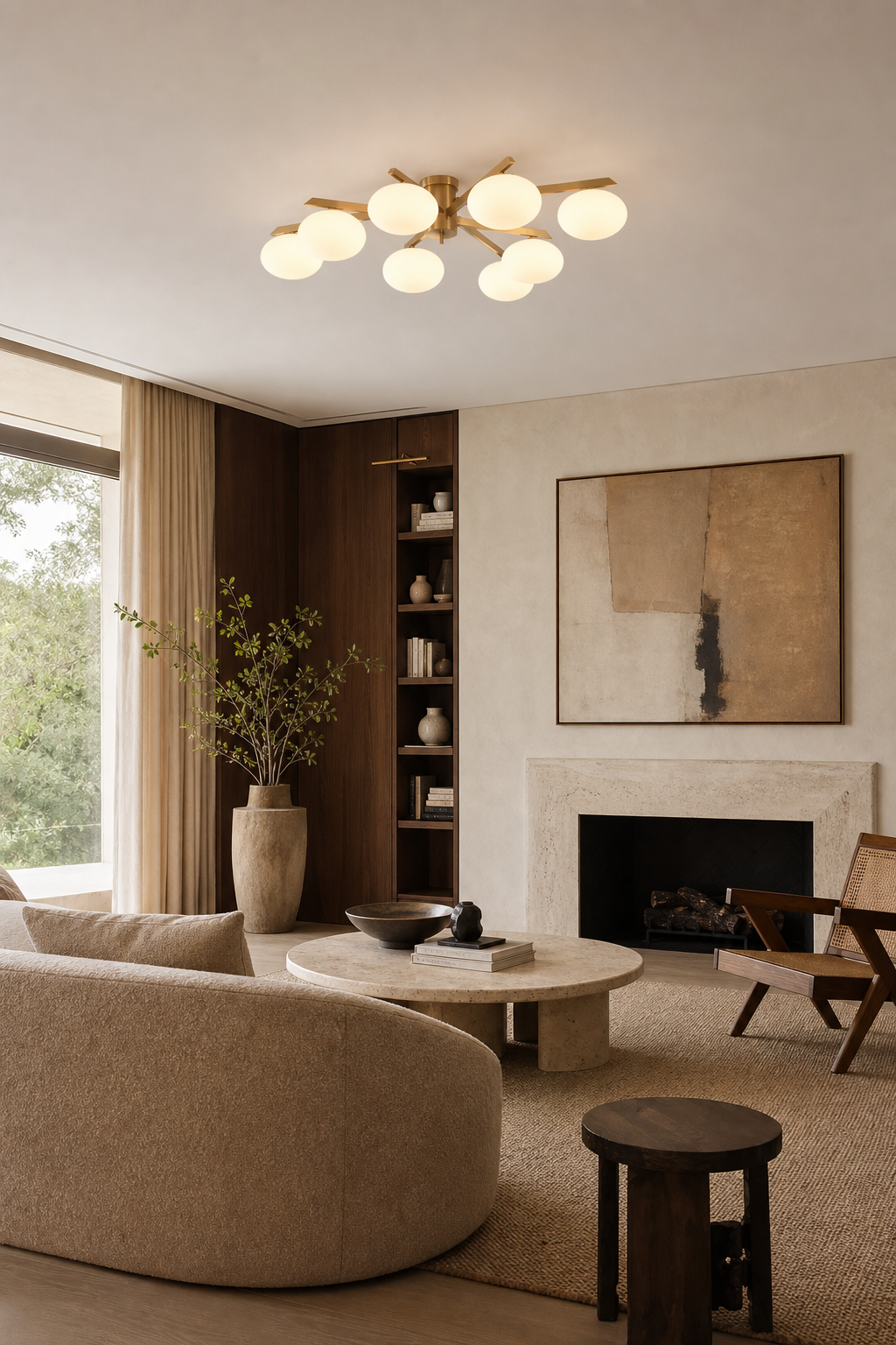 Solid Brass Opal Glass Semi-Flush Ceiling Light installed in a living room, view 2