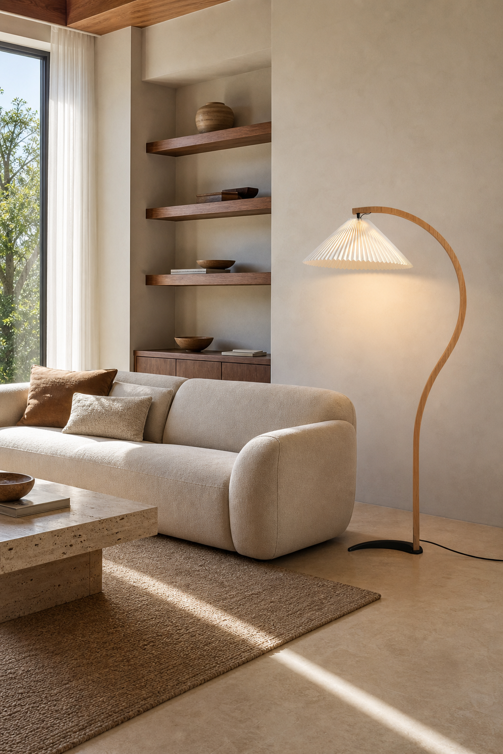 Sculptural Wood Floor Lamp — floor lamp beside a sofa in daylight