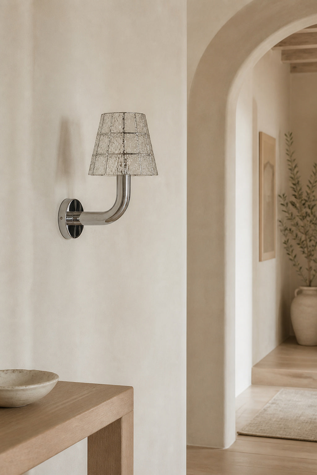 Textured Glass Long-Arm Wall Sconce — long clear hallway daylight
