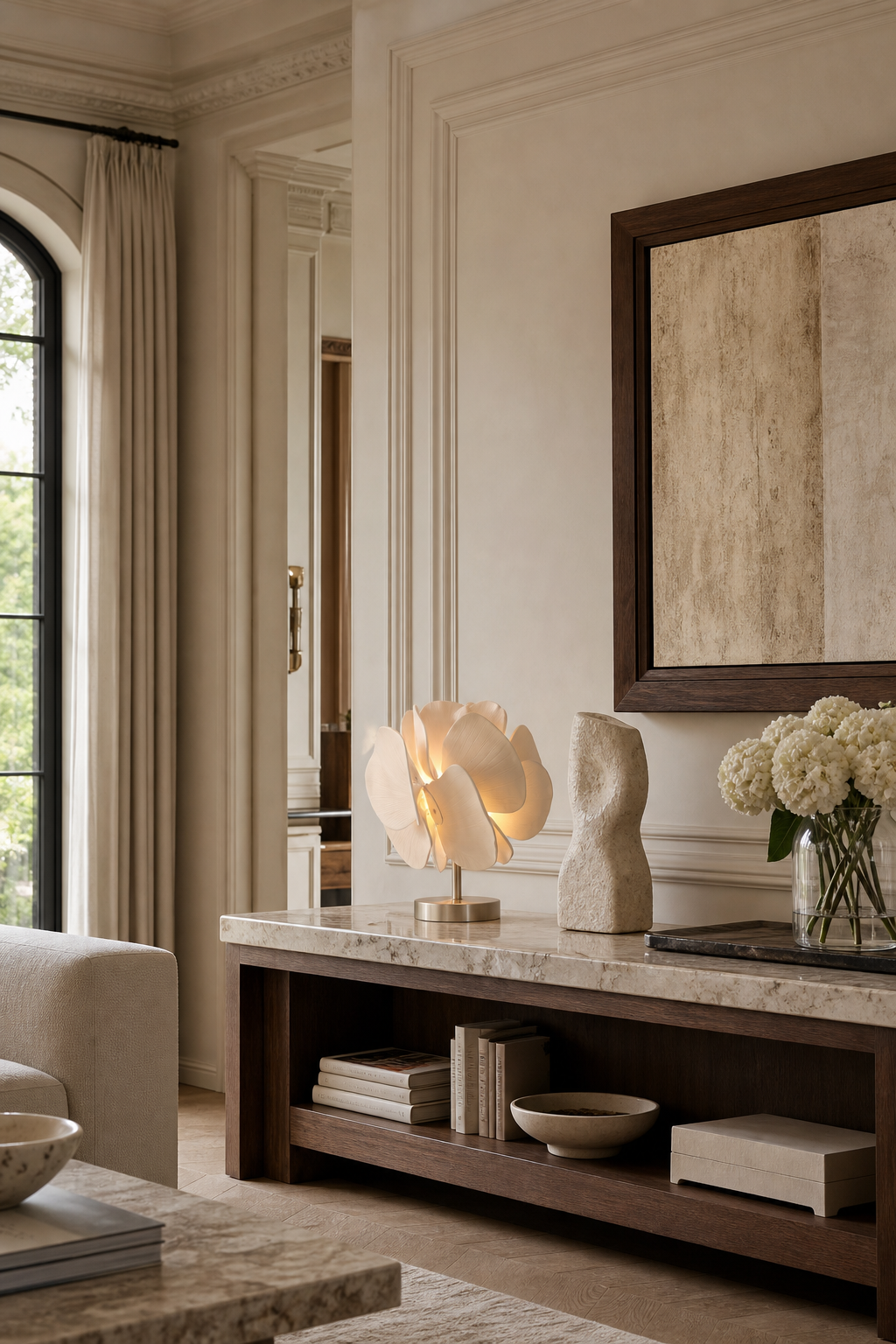 Sculptural Ceramic Petal Table Lamp mantel console wide