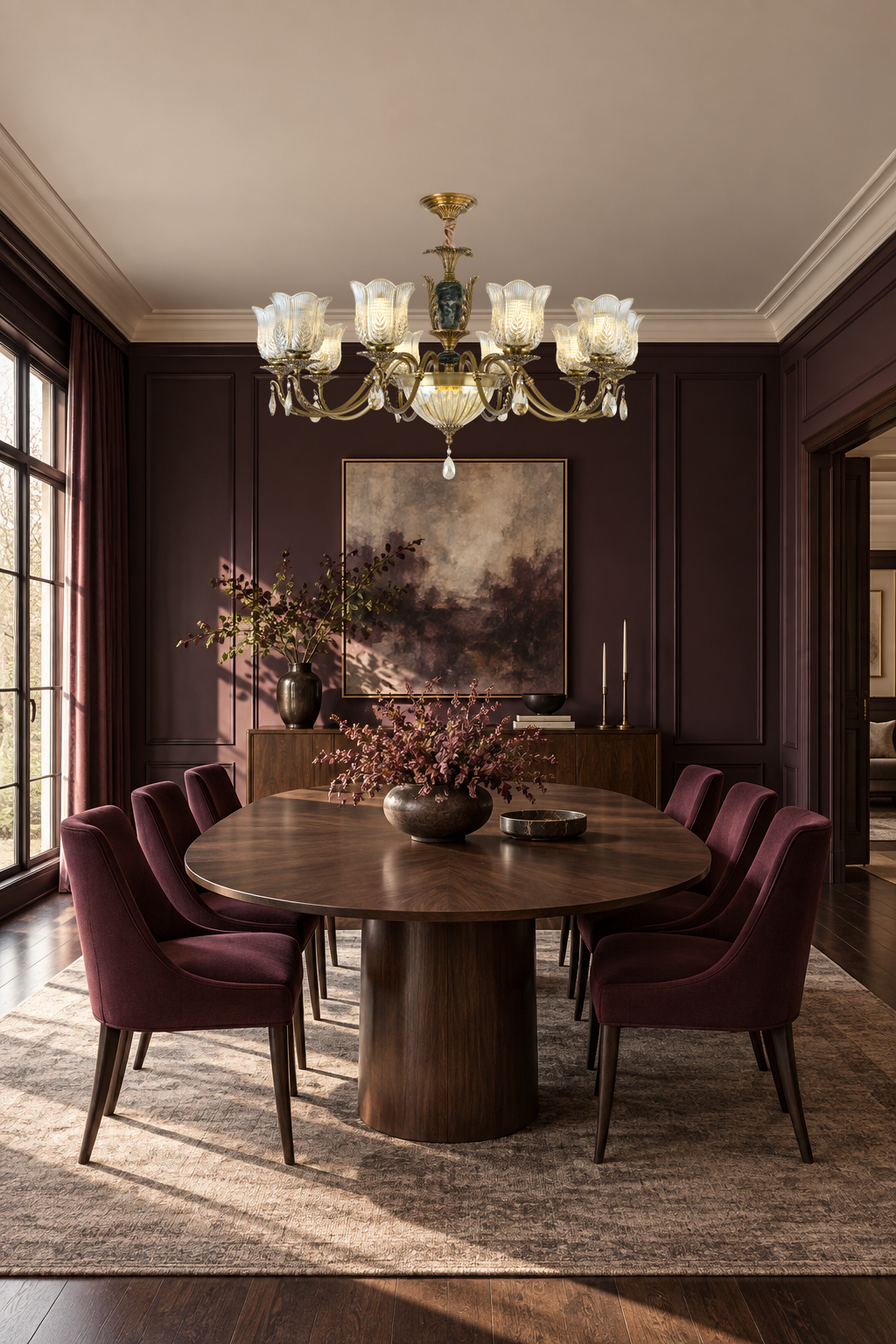 Marmavelle ten-light chandelier centered above an oval walnut table in a deep-plum dining room