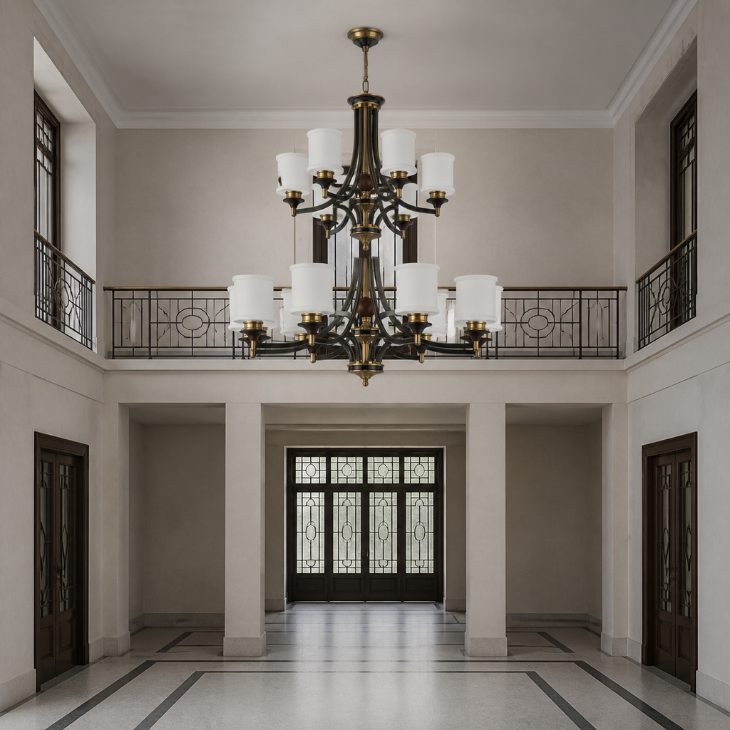 Unlit Montclair twelve-light two-tier chandelier centered in a Viennese Secession gallery with a short suspension and flush ceiling canopy