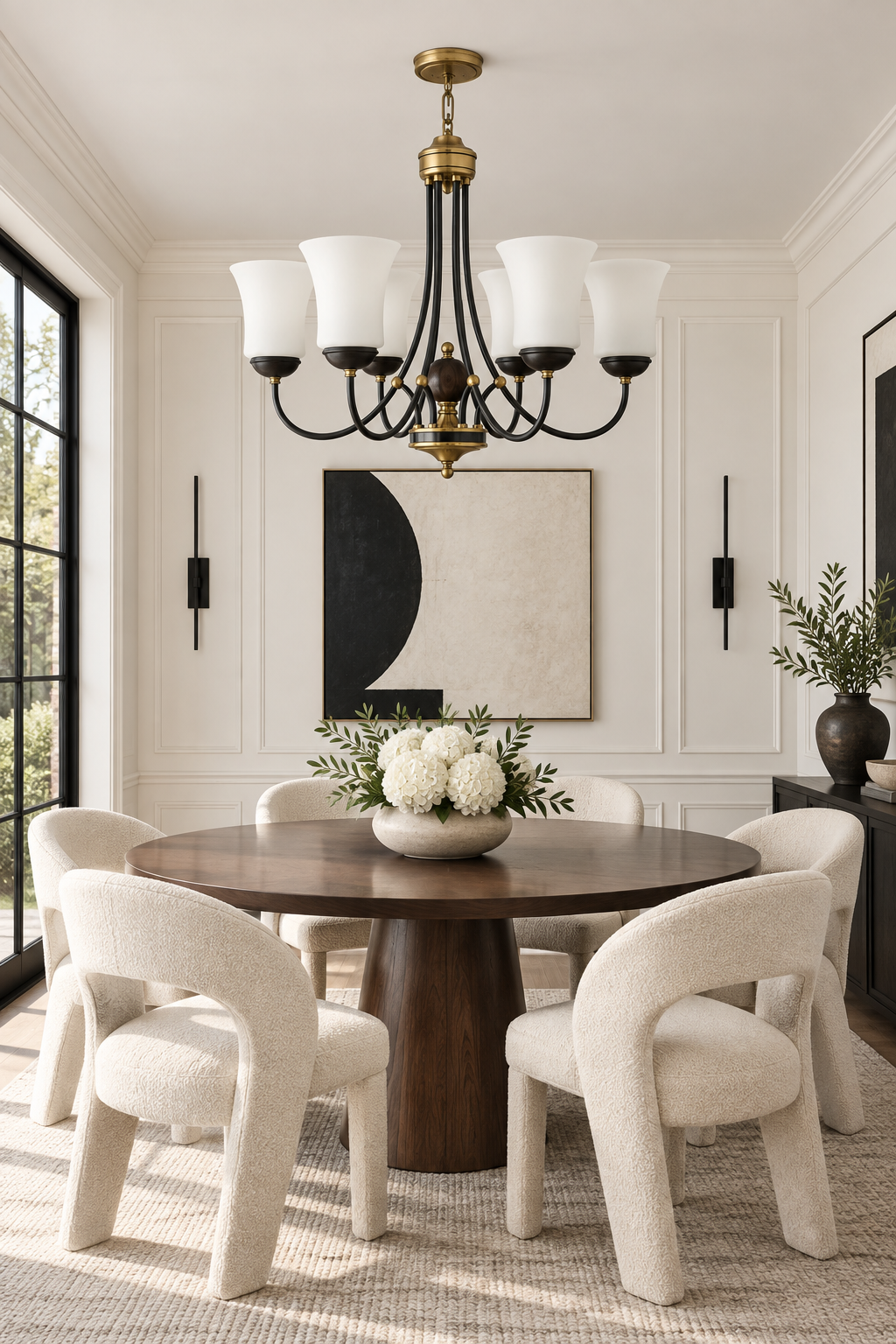 Mornvale six-light chandelier centered above a round table in a black-and-ivory dining room, fixture off