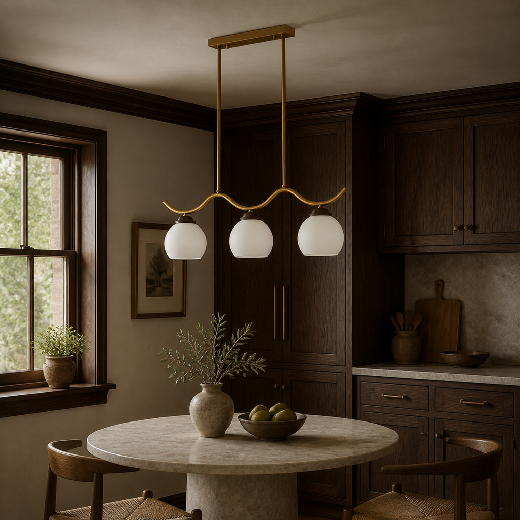 Unlit Ondervale three-light linear chandelier slightly off center in a dark oak breakfast room with its canopy flush to the ceiling