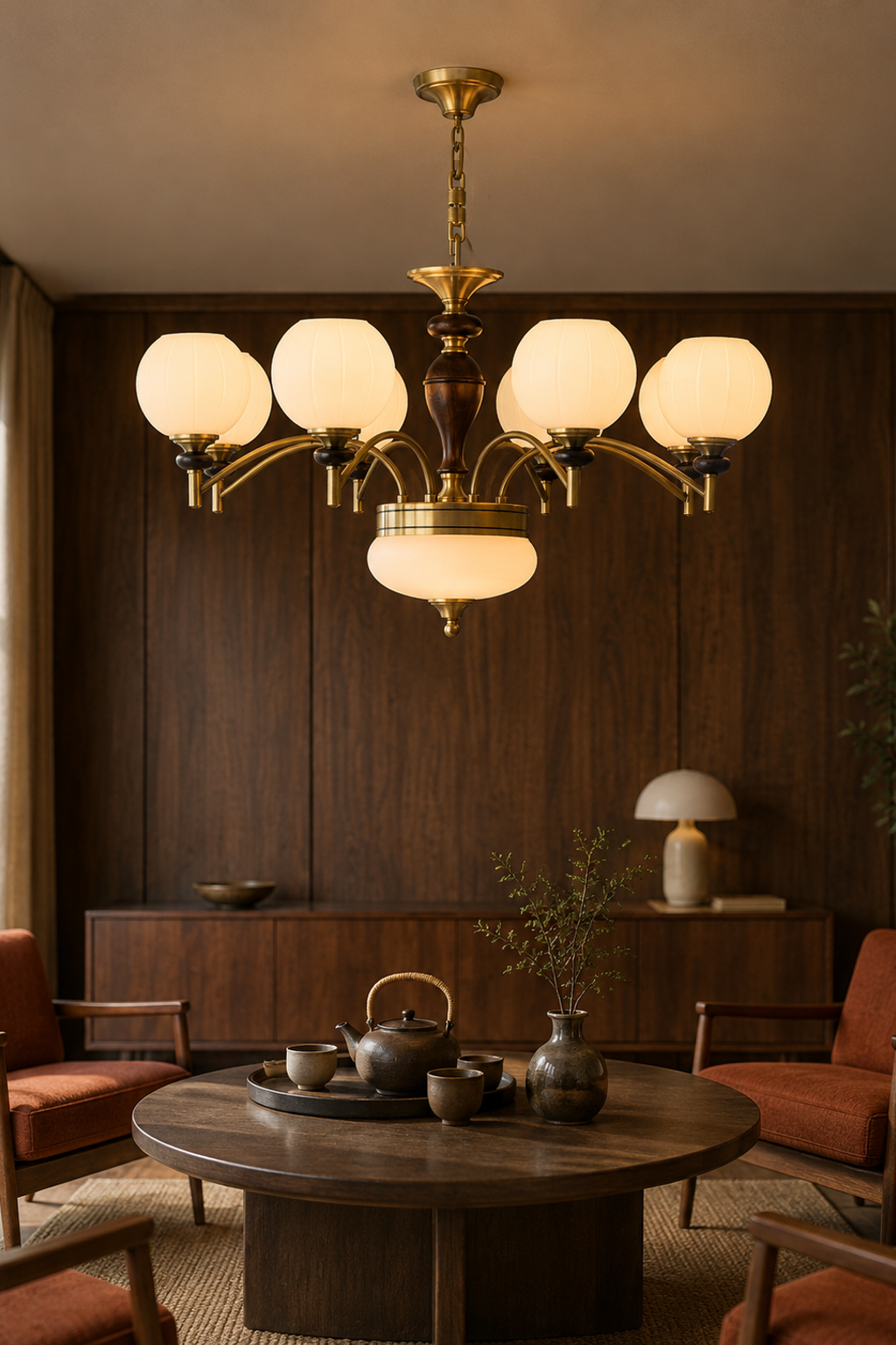 Orbemere eight-light chandelier centered over a round tea table in a smoked-oak lounge