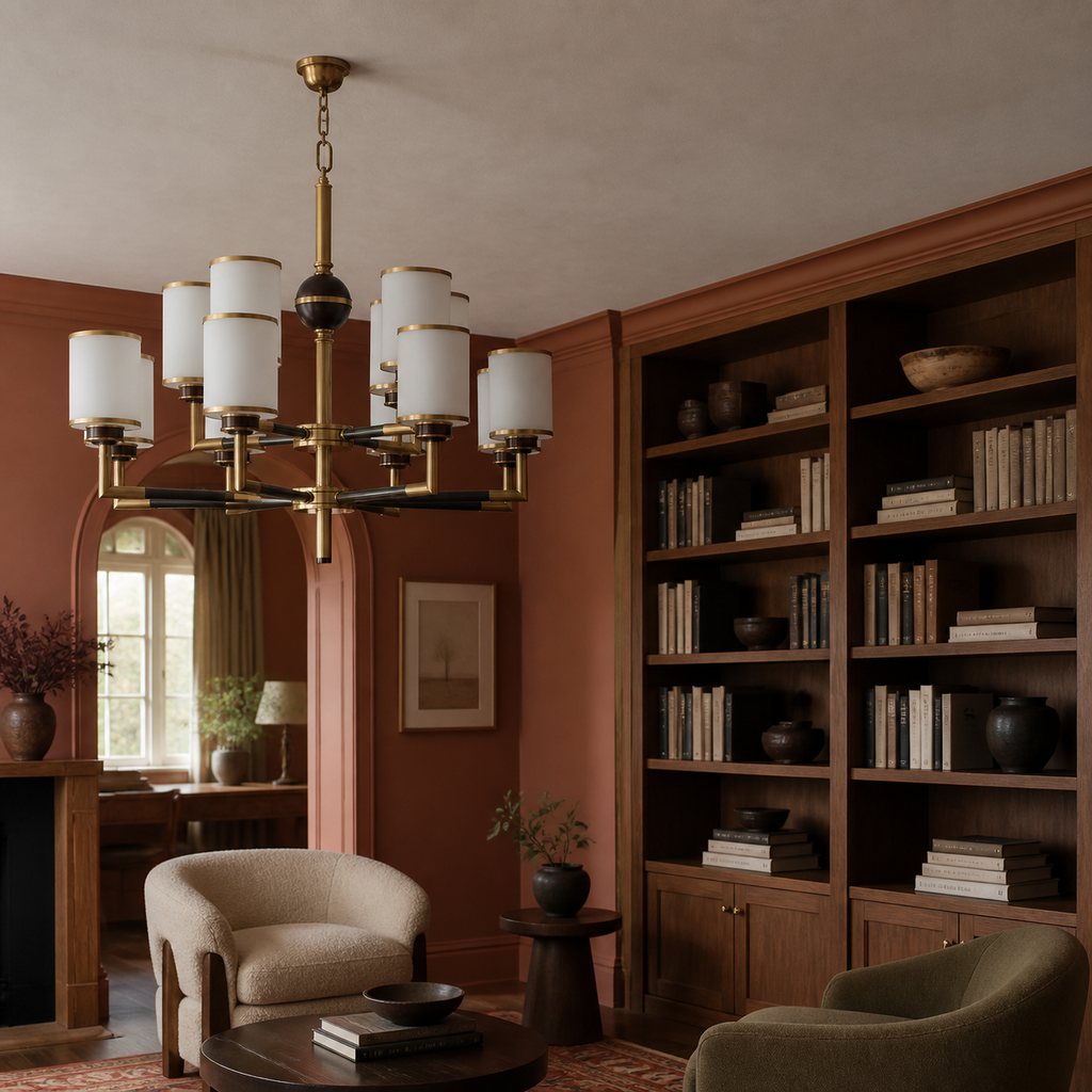 Unlit Orseline ten-light chandelier placed off-center in a terracotta library with a flush ceiling canopy