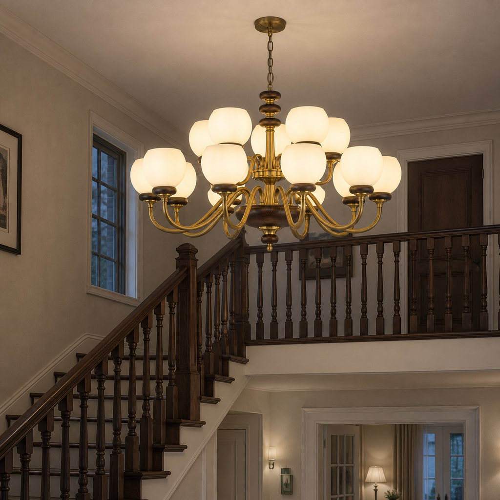 Ravenelle fifteen-light two-tier chandelier in an American heritage stair hall with a short chain and flush ceiling canopy