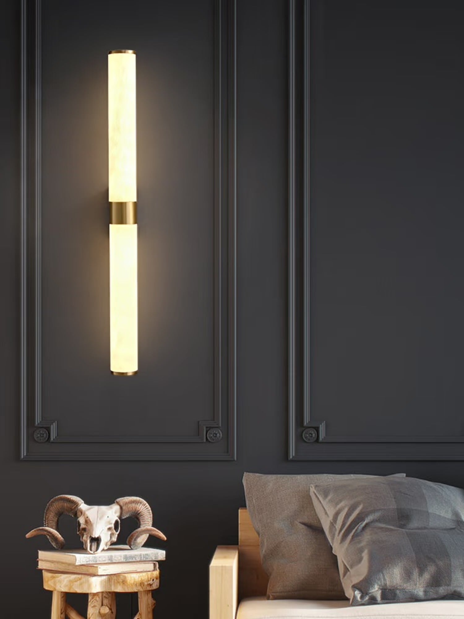 Modern Snowflake Alabaster Cylinder Wall Sconce in Natural Brass - 02 room scene 1