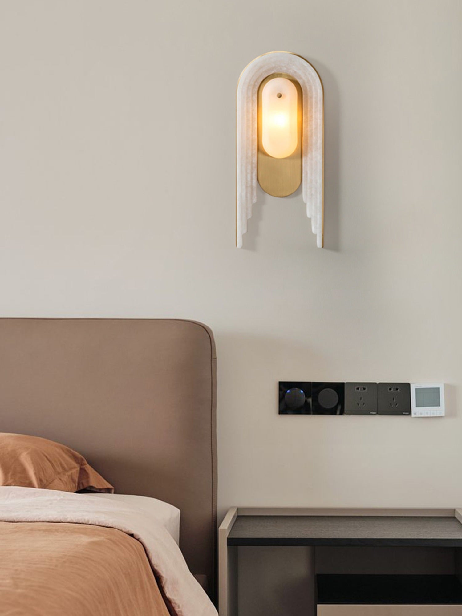 Modern Spanish Alabaster Arched Wall Sconce in Natural Brass - 02 room scene 1