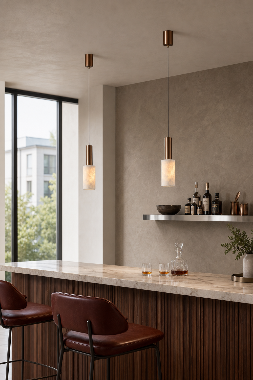 Pair of Azurelith Blue Crystal Cylinder Pendant Lights above a boutique apartment bar, rose gold finish