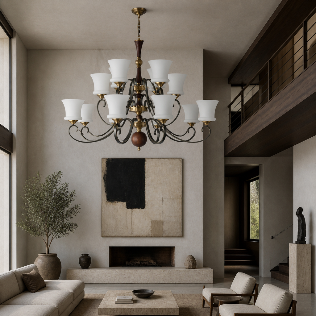 Unlit Rosethorne fifteen-light two-tier chandelier in a double-height collector loft with a short suspension and flush ceiling canopy