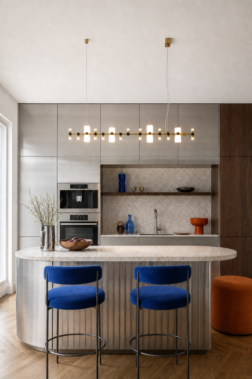 Royal linear pendant above a metal and stone kitchen island with blue seating