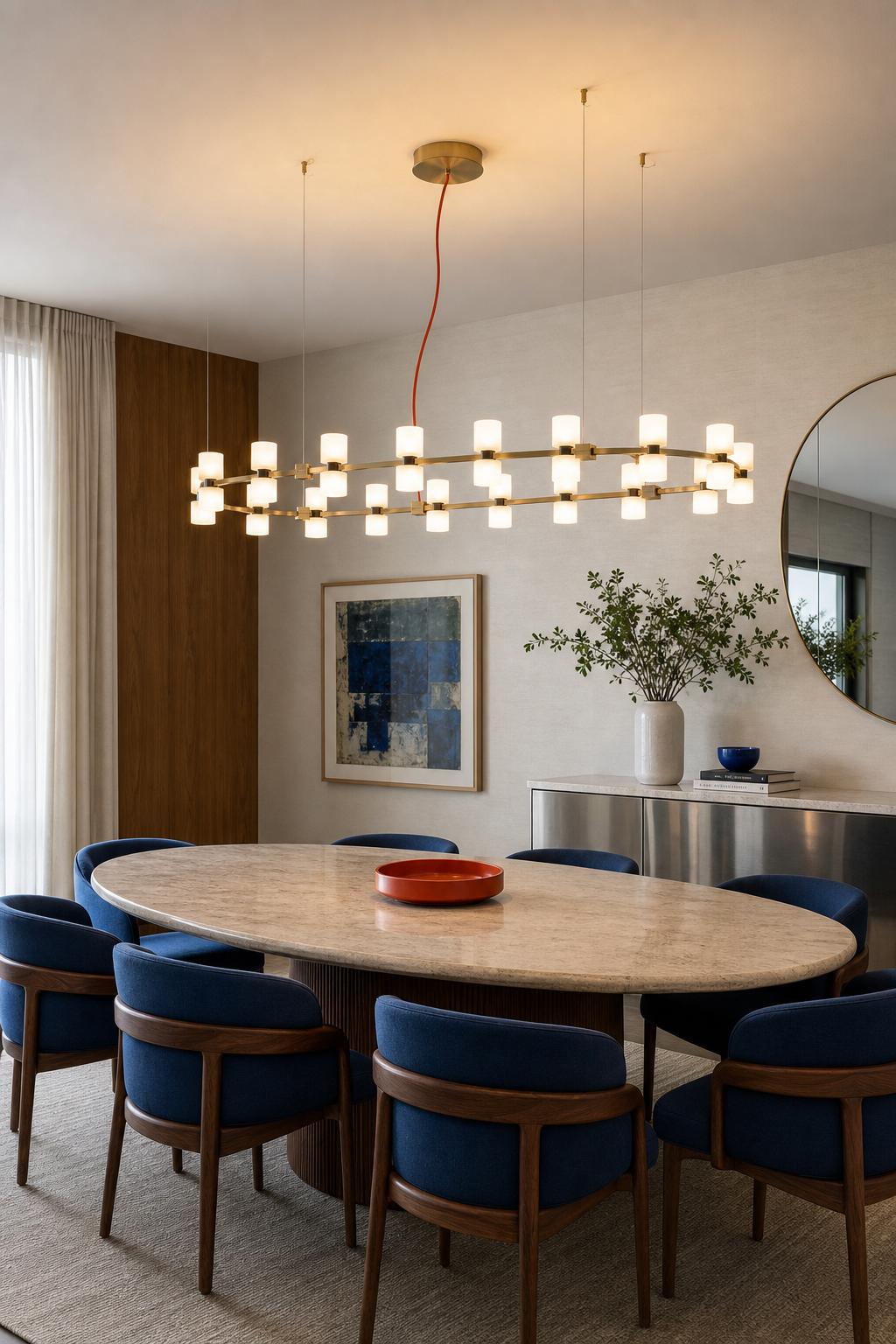 Royal oval chandelier above a colorful designer dining table