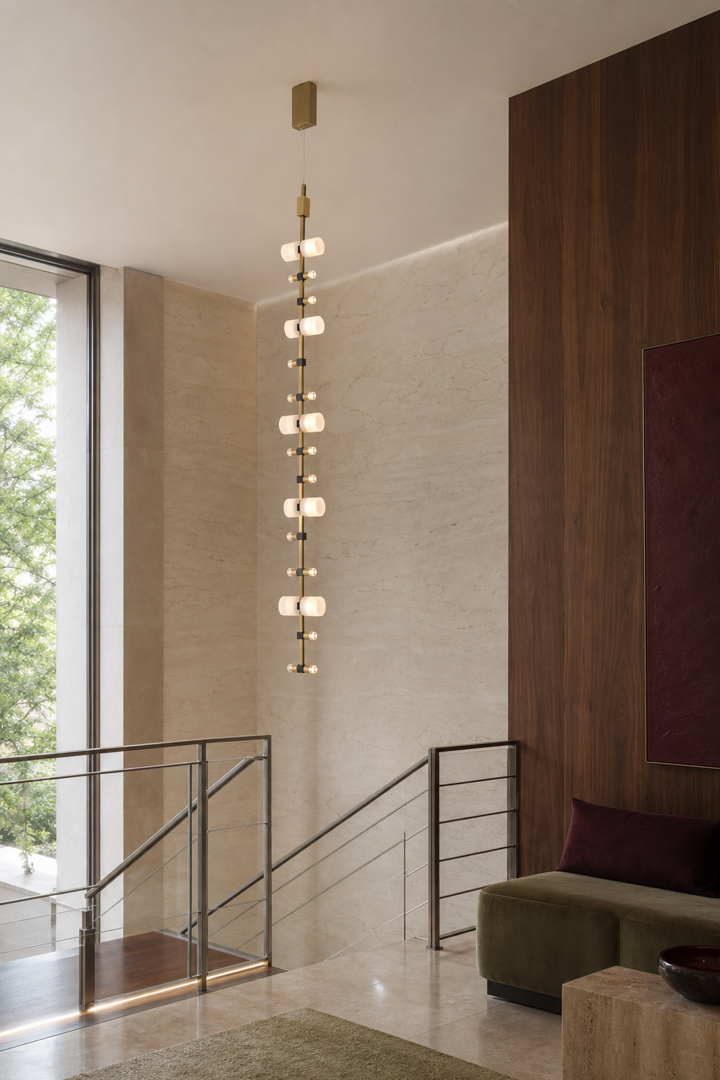 Royal vertical LED pendant installed beside metal stair railings in a modern interior