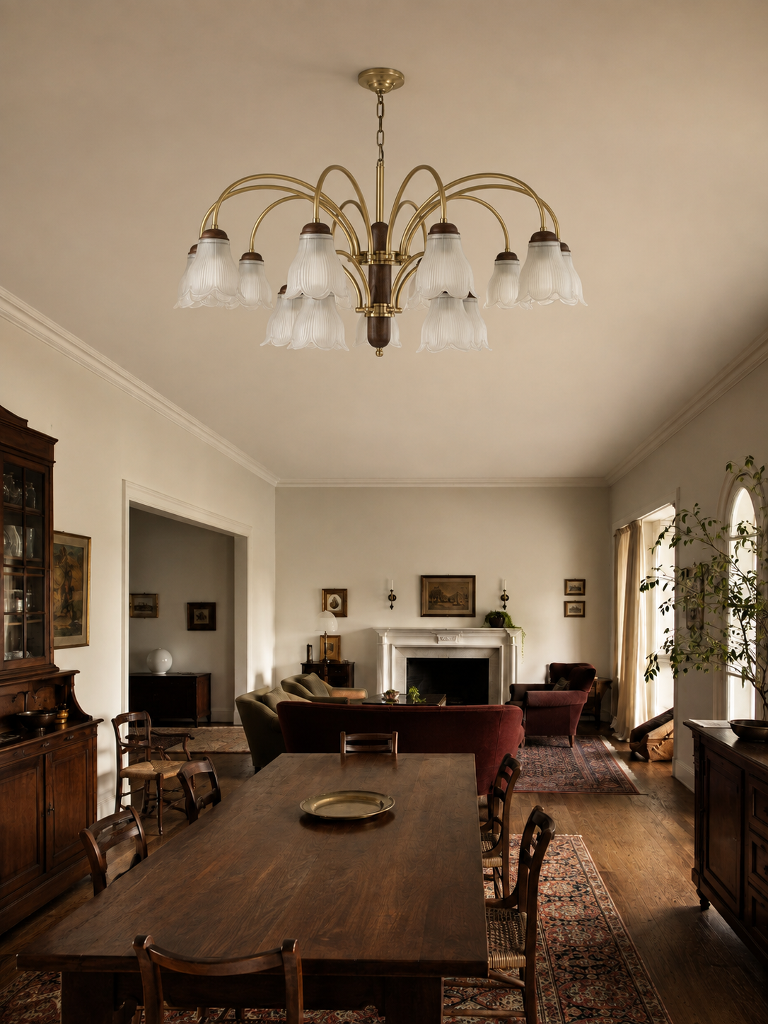 Cloveraine Fluted Petal Glass Chandelier proportionally scaled interior scene 2
