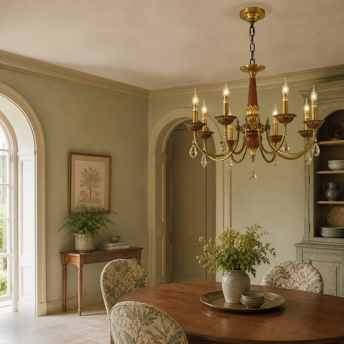 Eight-light candle-style wood and crystal chandelier on the right third in a pistachio breakfast gallery